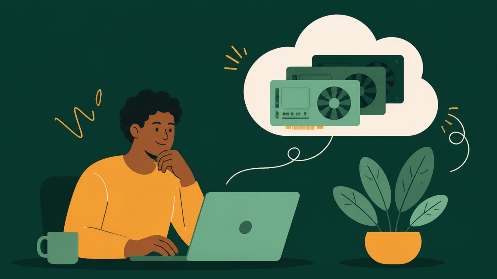 Flat illustration of a person renting cloud GPUs to run a large GLM model, on a teal background