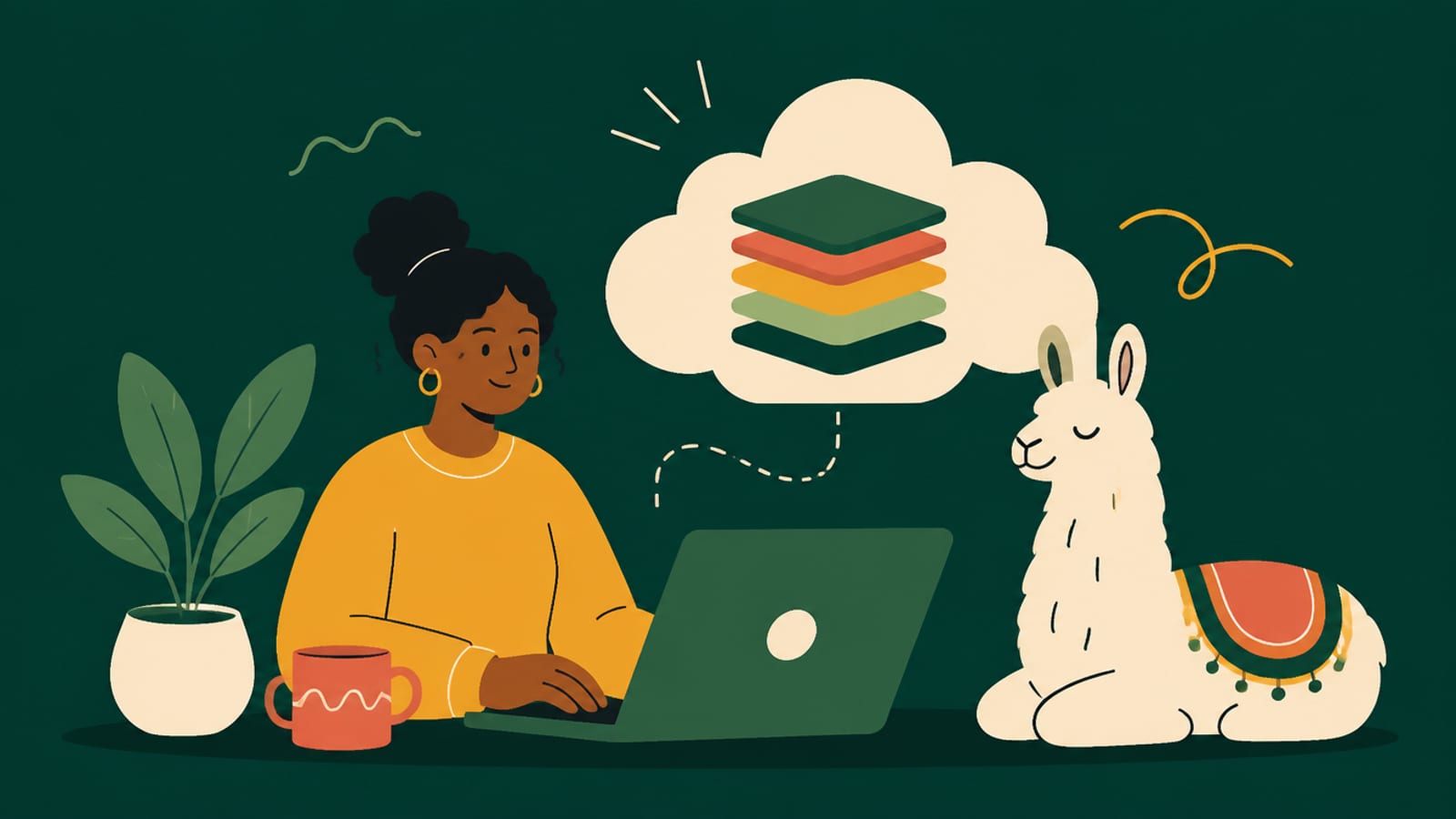 Flat illustration of a person running a large AI model in the cloud, on a teal background