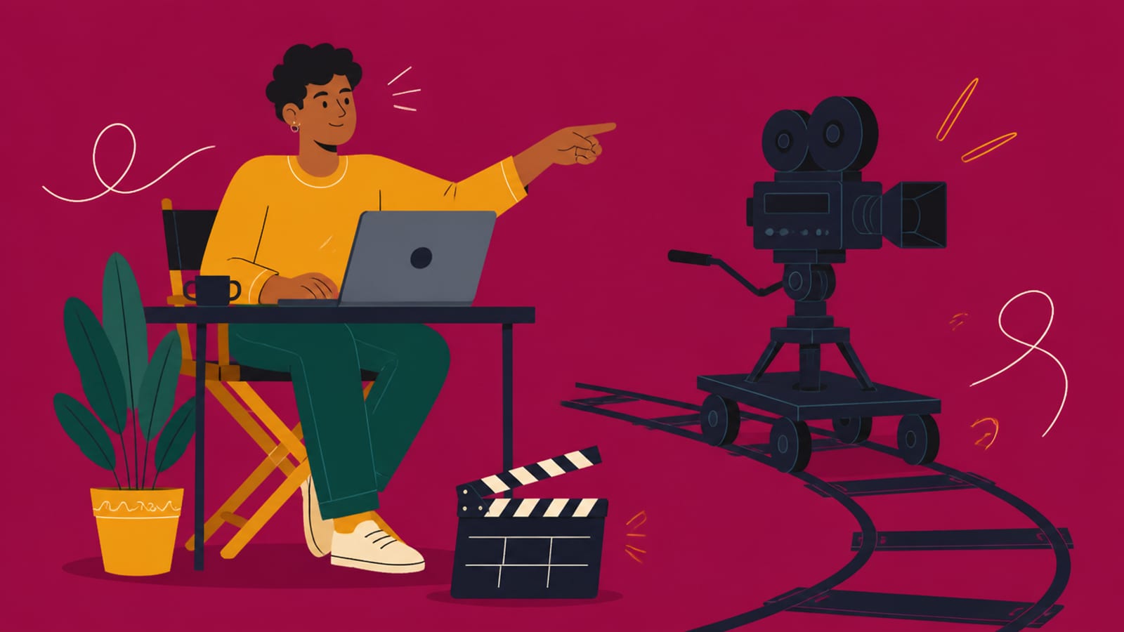 Flat illustration of a person directing a cinematic camera move on a laptop, on a magenta background