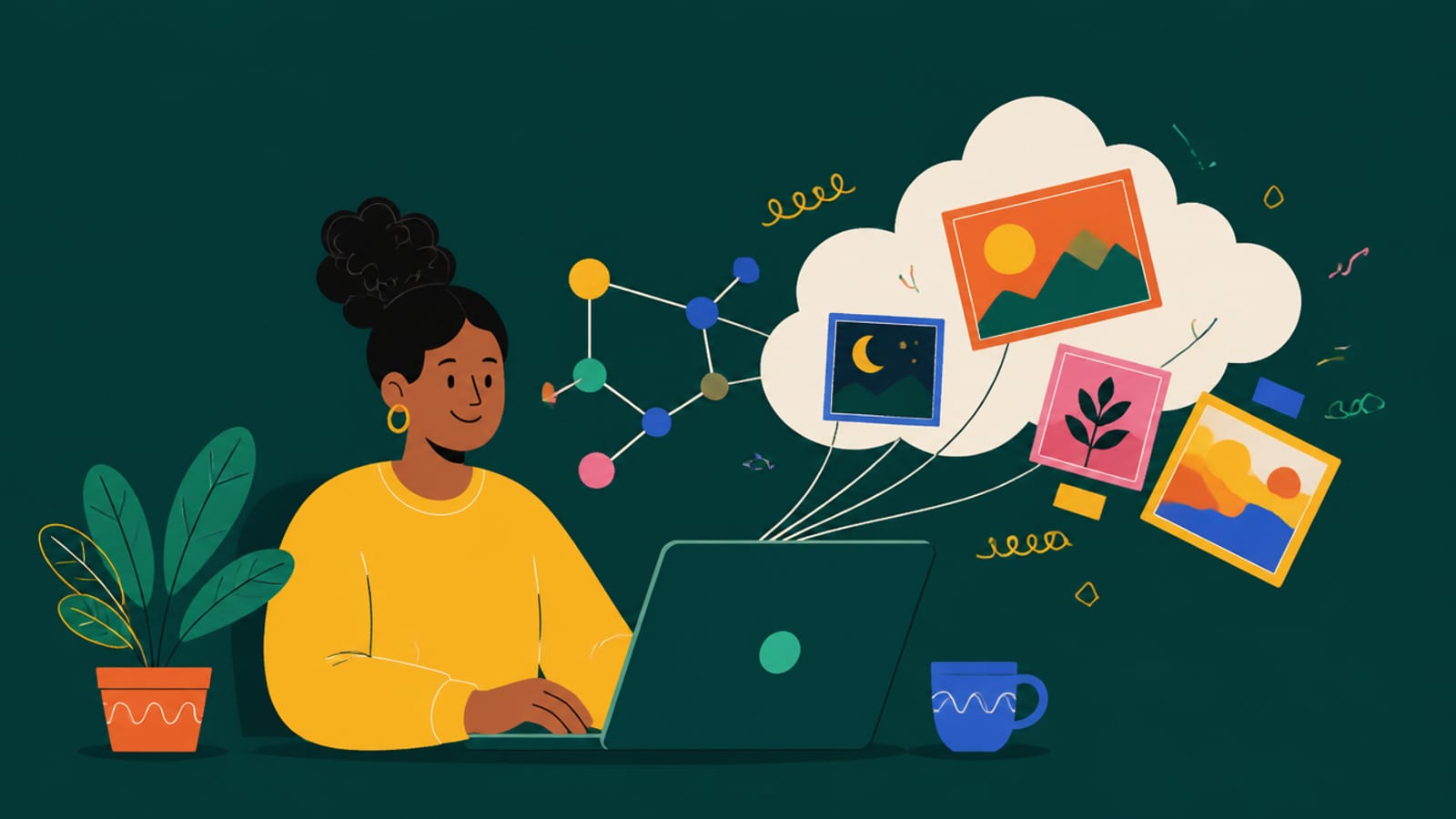 Flat illustration of a creator generating images on a rented cloud GPU, on a teal background