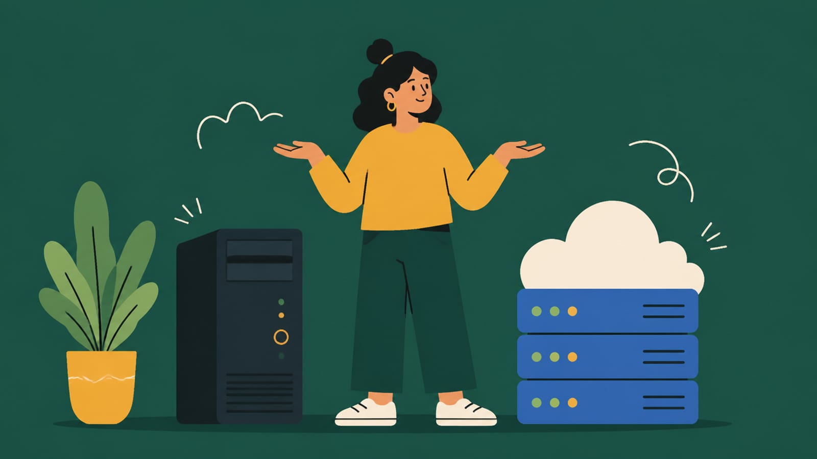 Flat illustration of a person weighing a local PC against a cloud server, on a teal background