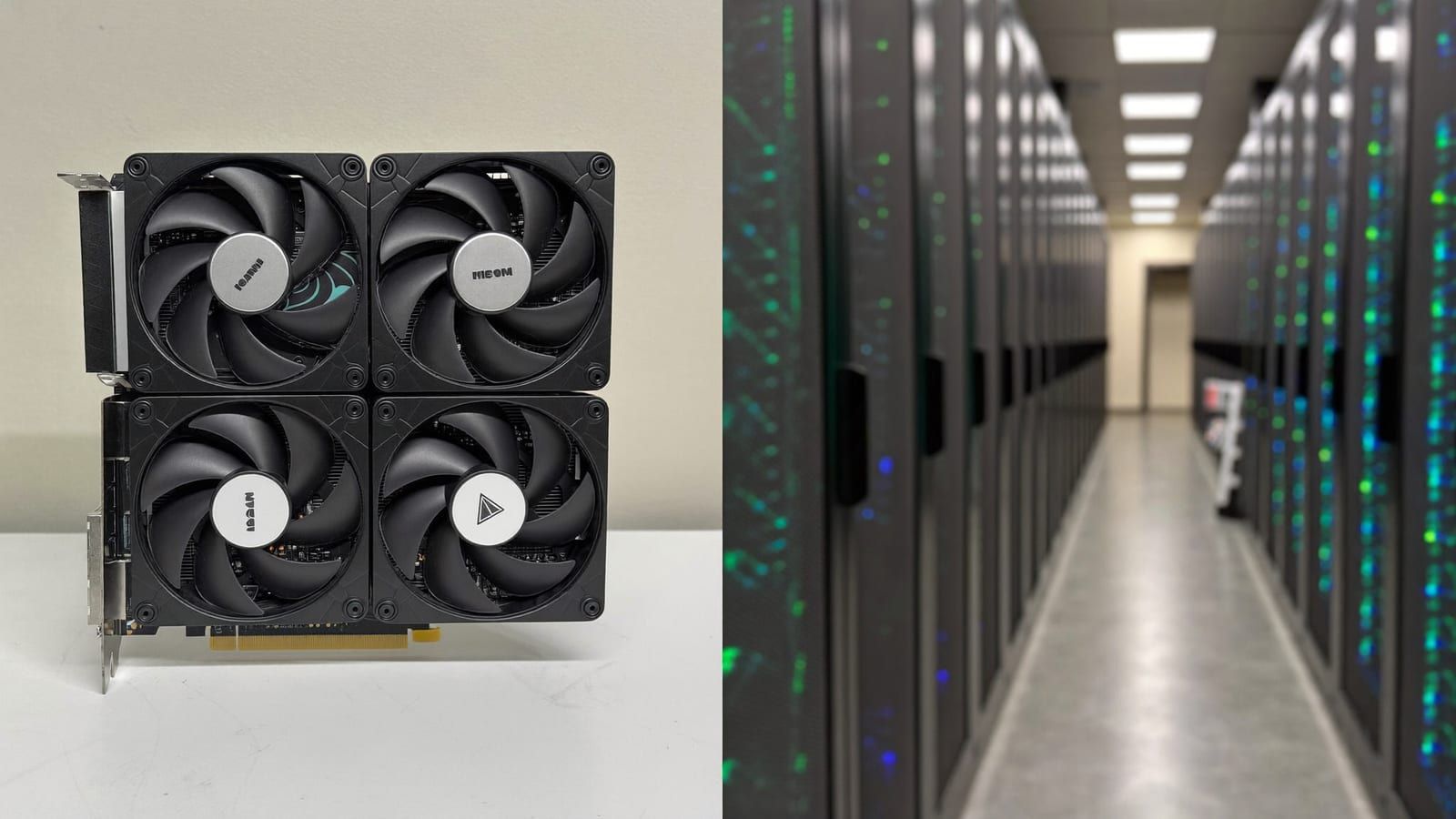 A graphics card on a desk with a server rack aisle behind it — cloud versus local
