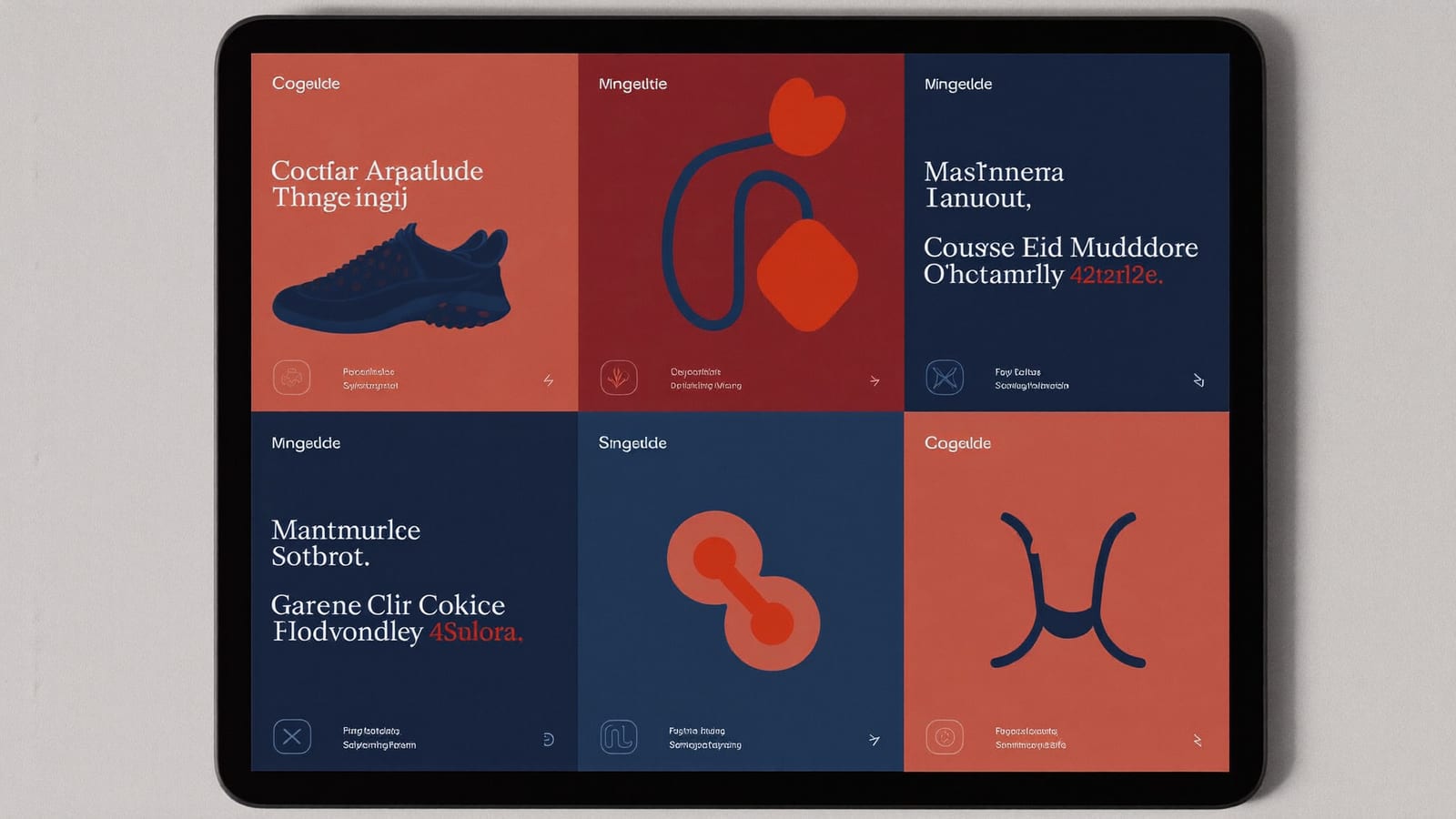 A neat grid of six abstract course-module thumbnail tiles in a consistent color palette on a tablet