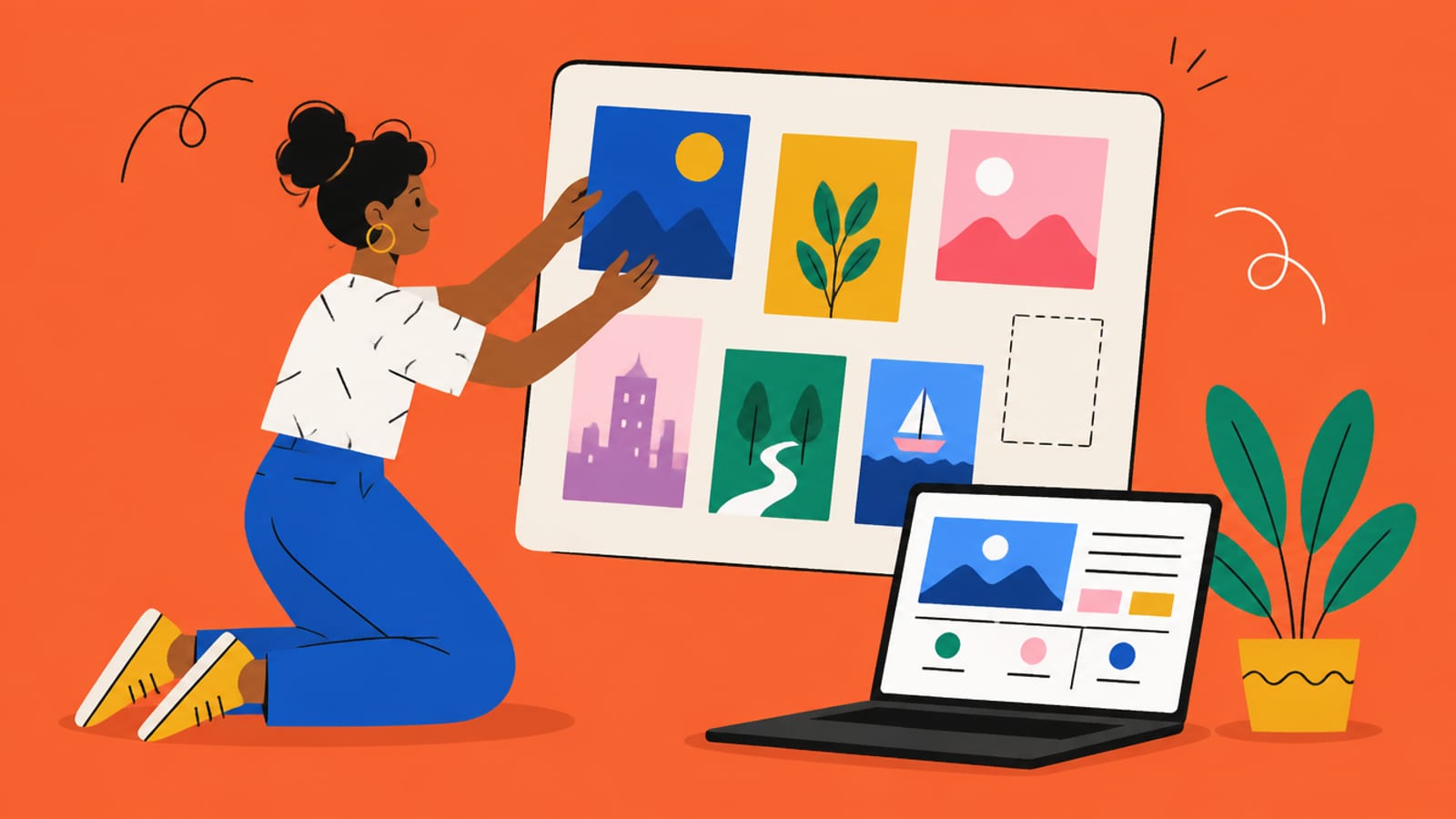 Flat illustration of a person arranging image tiles for a course sales page, on a coral background