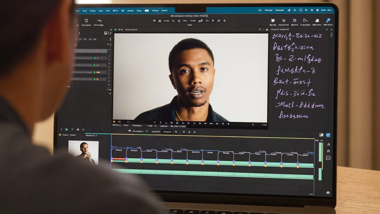 A laptop showing a video editor timeline with a talking-head clip and a script panel, over-the-shoulder angle