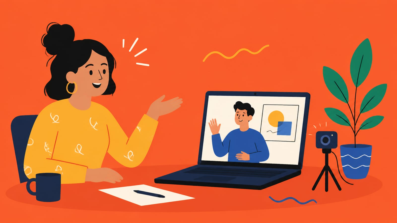 Flat illustration of a person and an on-screen avatar presenter on a laptop, on a coral background