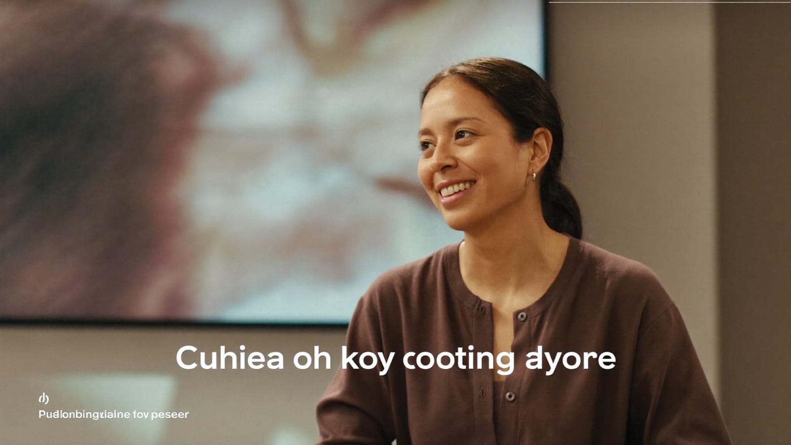 A clean talking-head lecture frame: a friendly presenter on a softly lit set with a blurred slide panel beside them