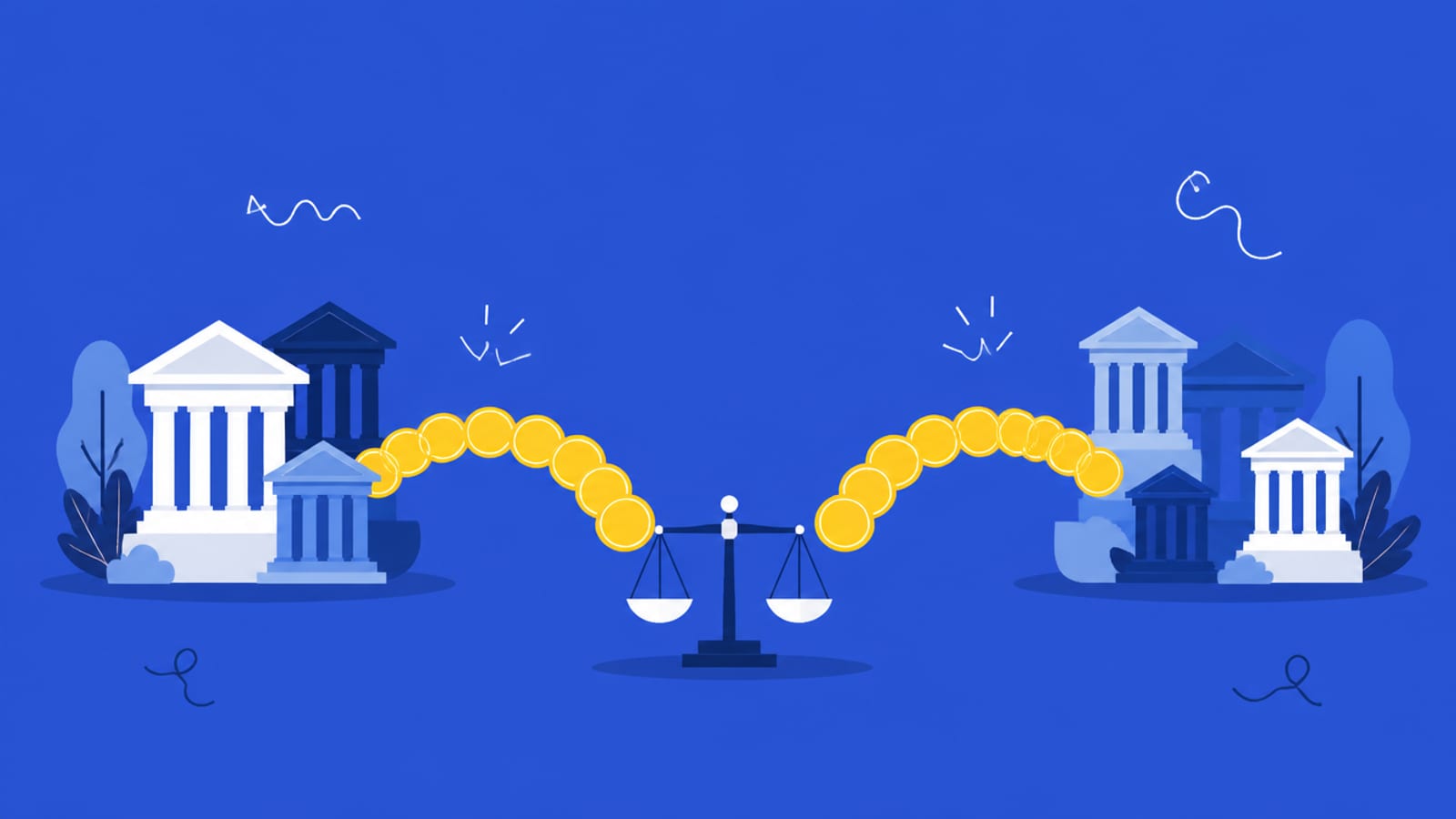 Illustration of two coin-bridges between banks with a balance scale in the middle