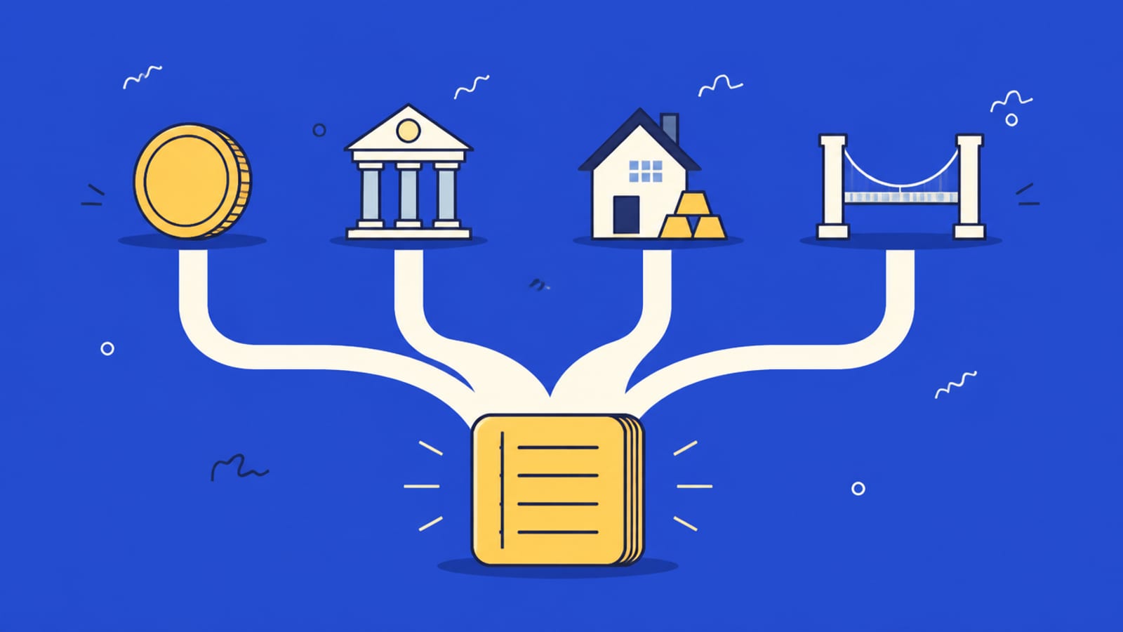 Illustration of four lanes — a coin, a bank, a house, a bridge — feeding into one shared ledger