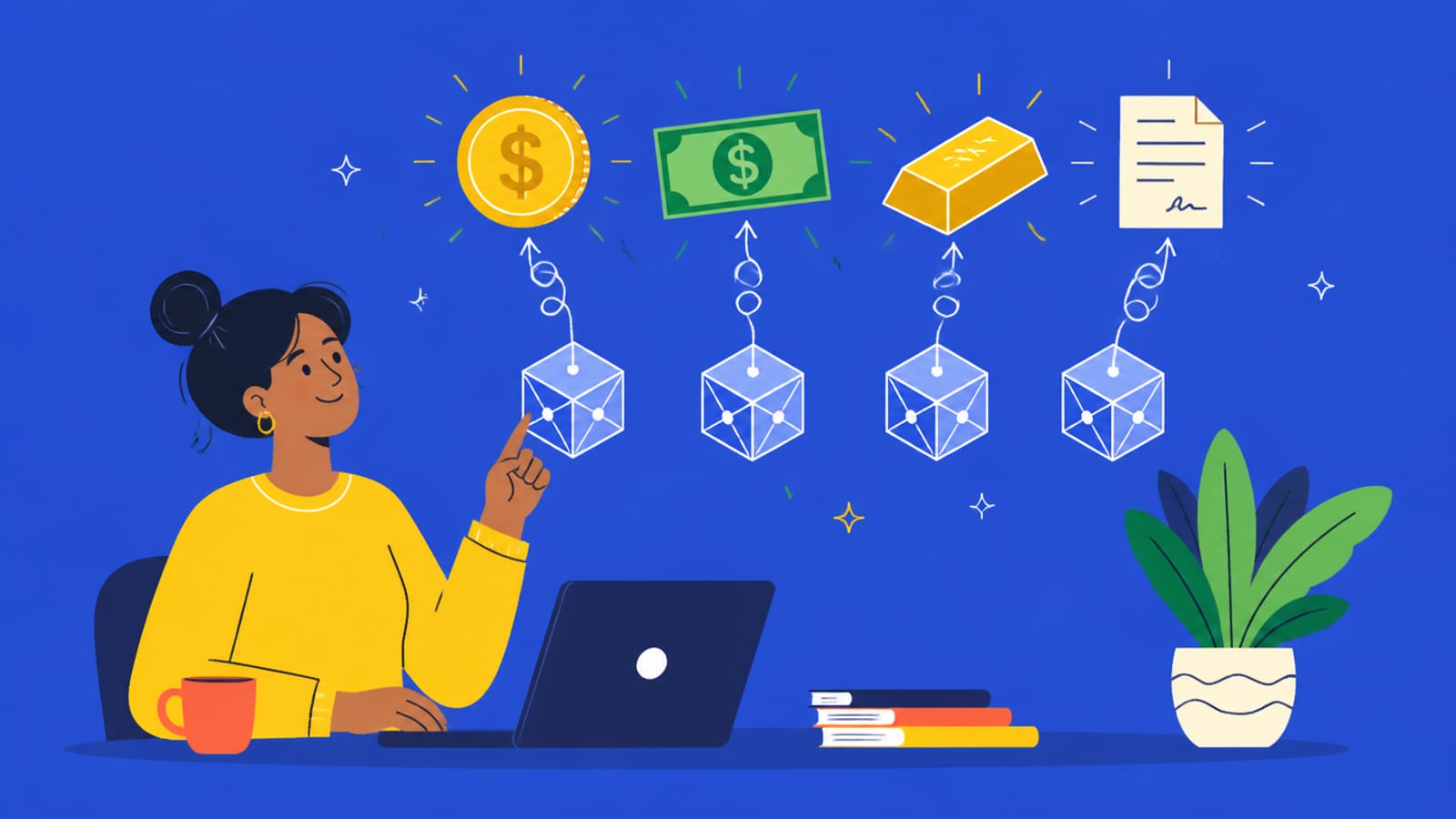 Illustration of money symbols turning into blockchain blocks