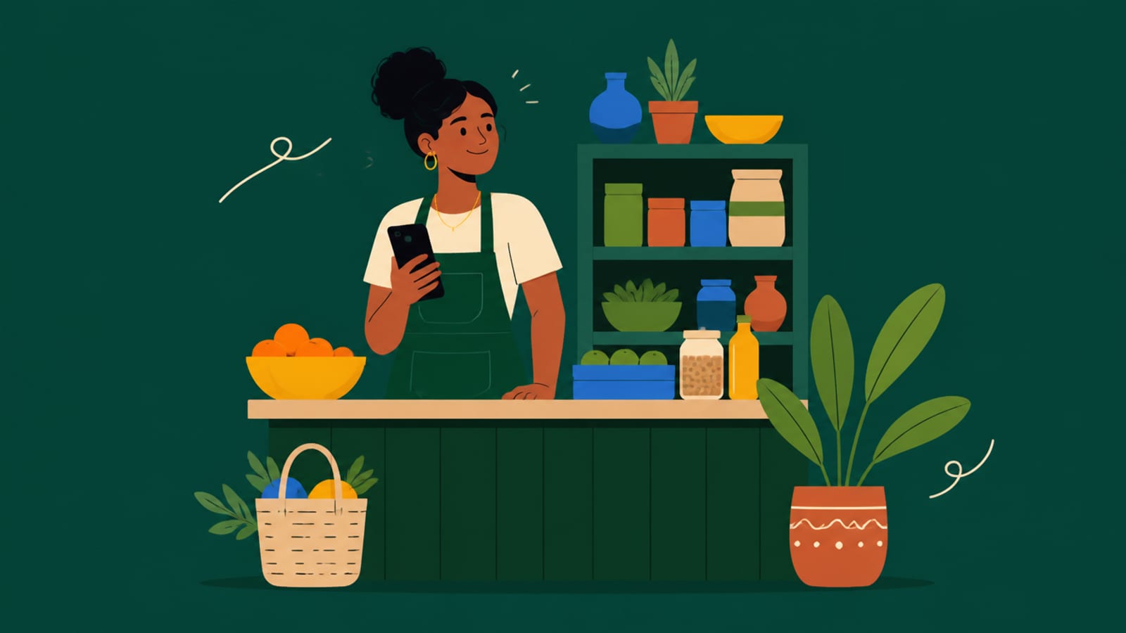 Flat illustration of a small-shop owner with a phone, relaxed about using AI without special hardware