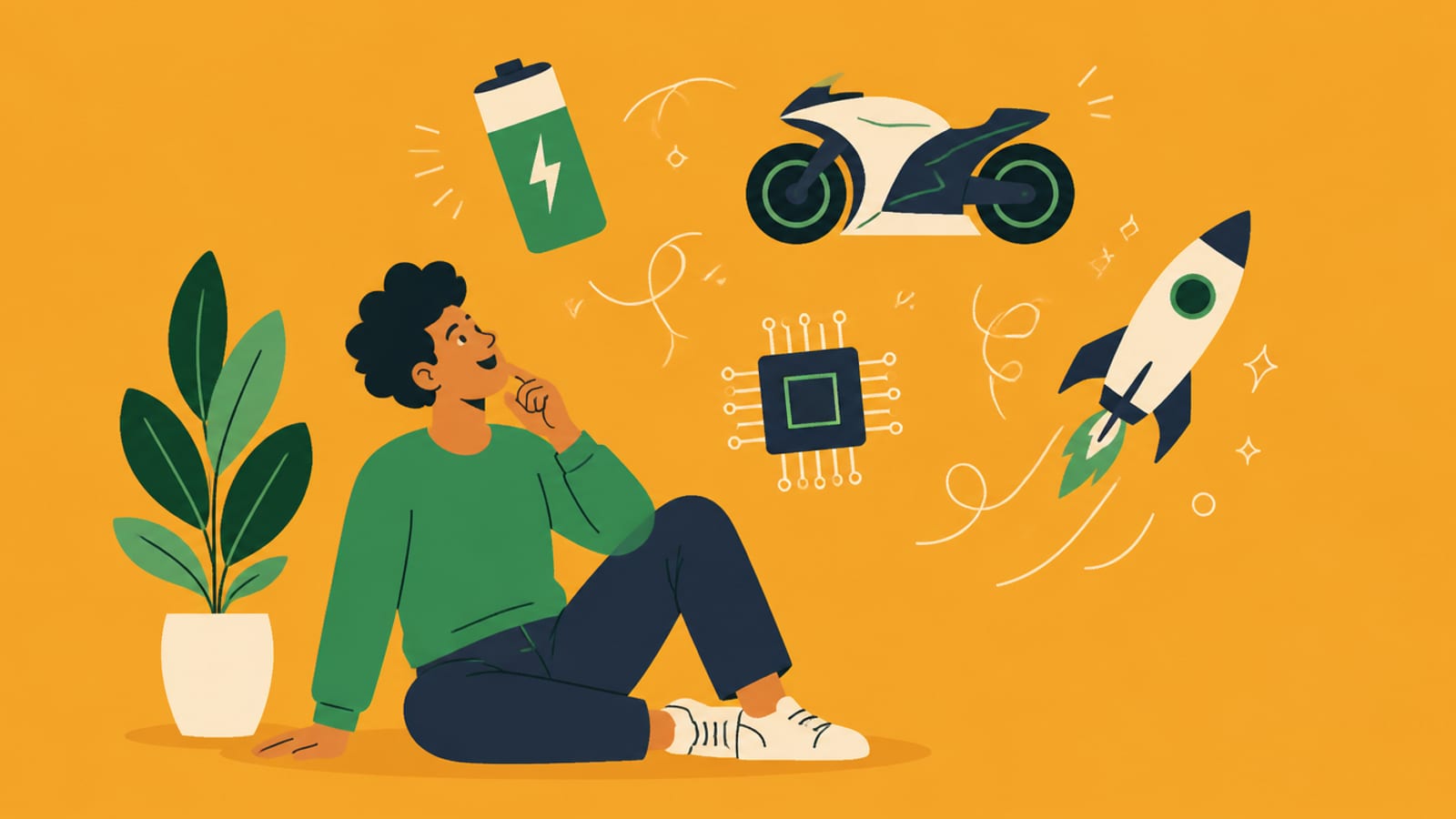Illustration of a person looking up at floating future-tech icons
