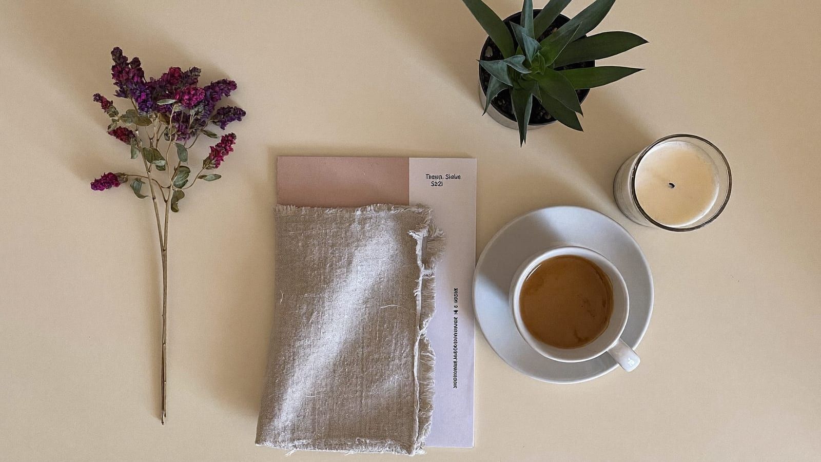 A top-down aesthetic flat lay of coordinated warm-neutral objects — the cohesive look of a faceless page grid