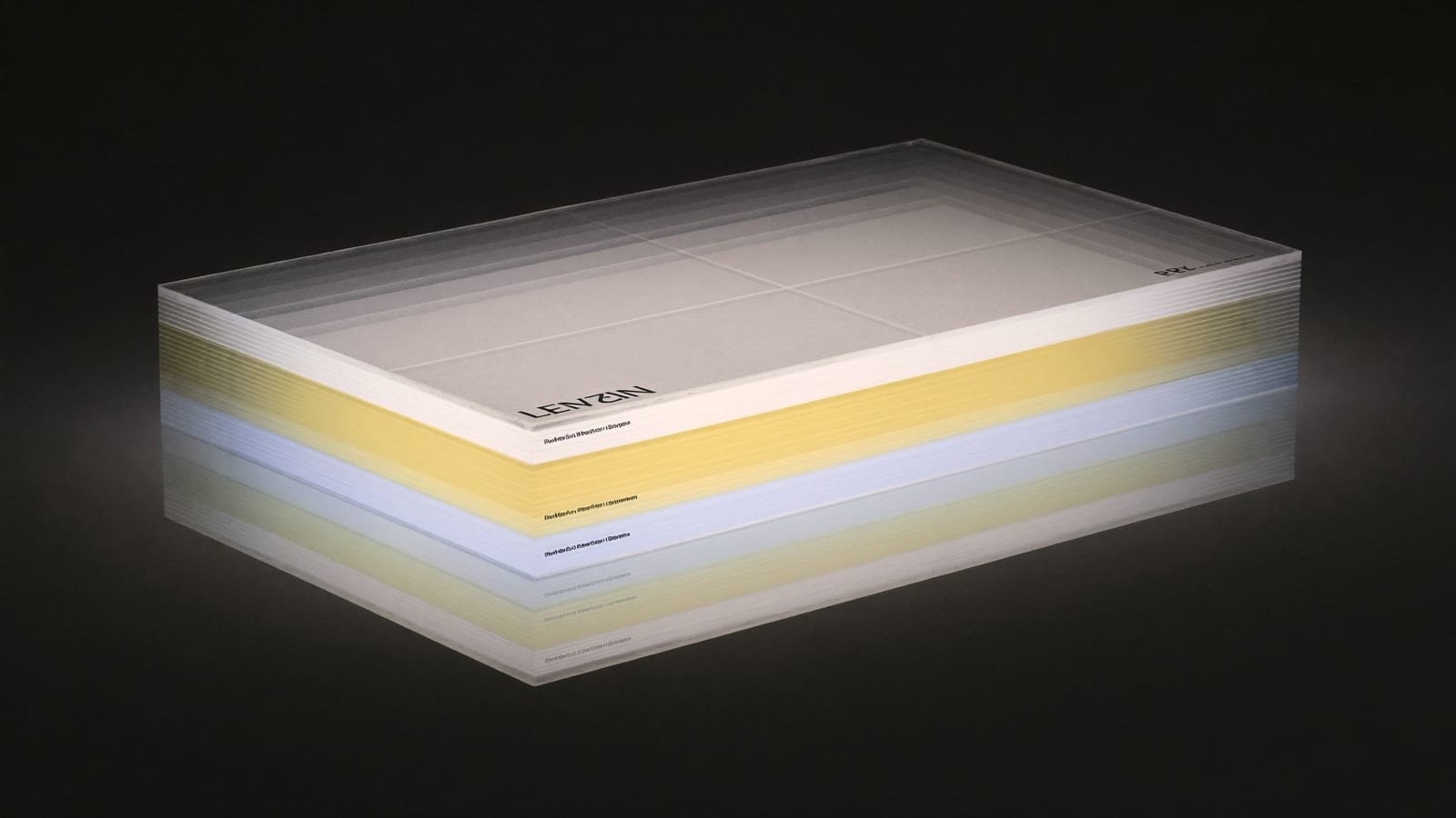 A clean abstract diagram of three stacked glowing tiers on a dark reflective surface