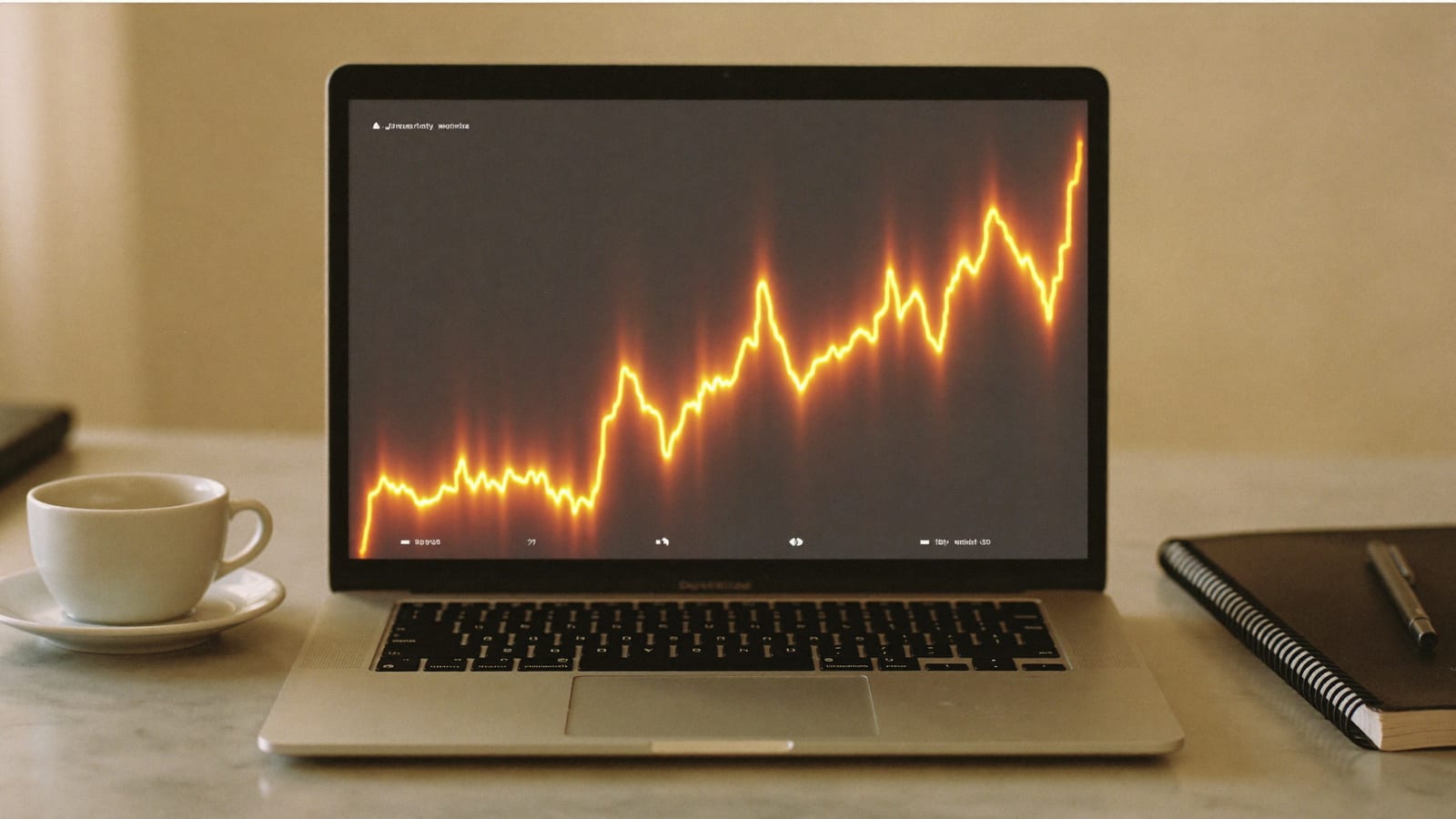 A desk with a laptop showing a long rising line over months, a coffee and a notebook