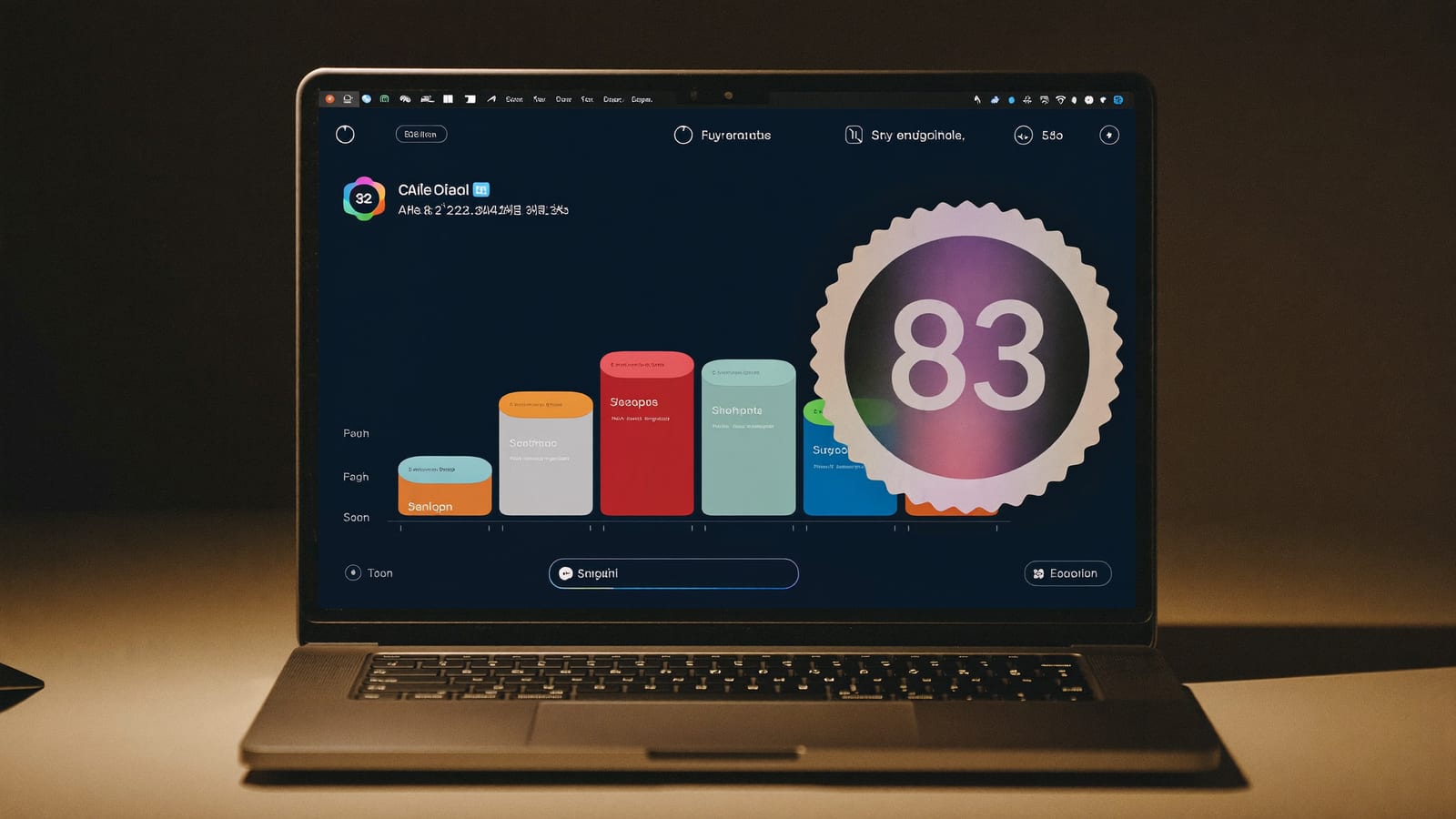 A laptop showing an abstract rising revenue and analytics chart with a subscriber milestone graphic
