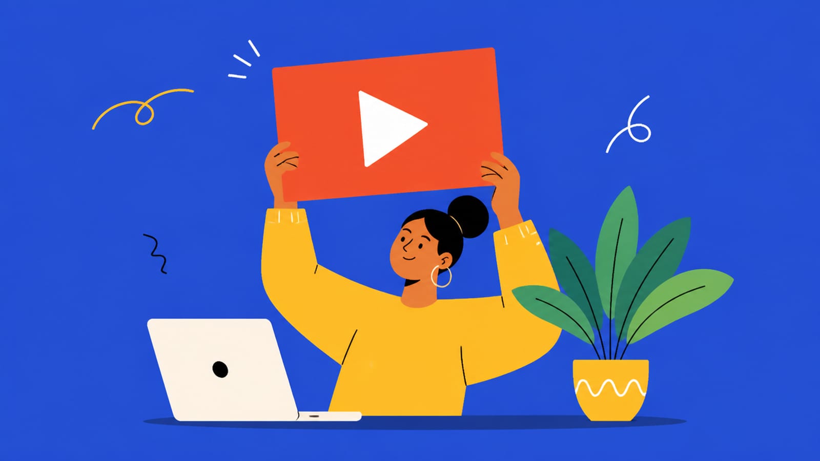 Flat illustration of a person holding a video thumbnail frame with a play button, on a cobalt background