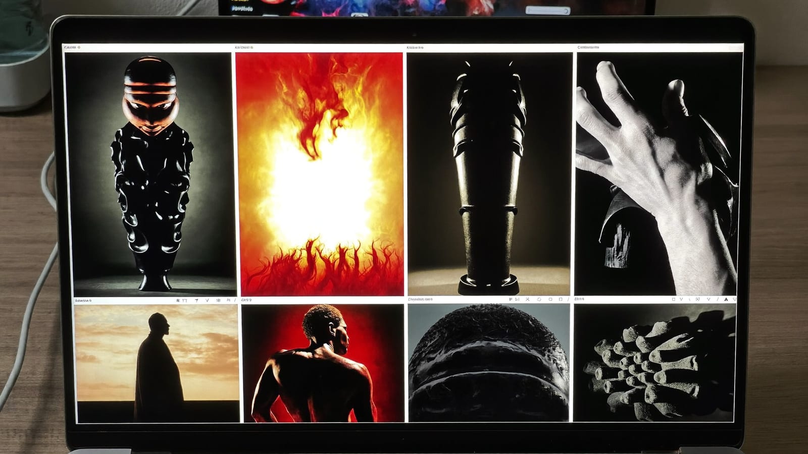 A laptop screen showing a grid of bold high-contrast abstract video-thumbnail compositions