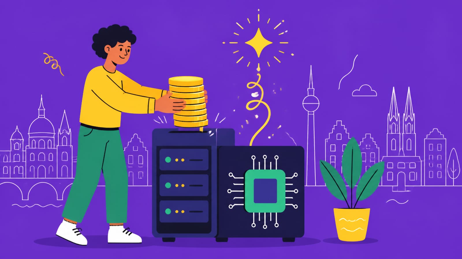 Illustration of investing coins into a data-center and chip icon with an AI spark growing above