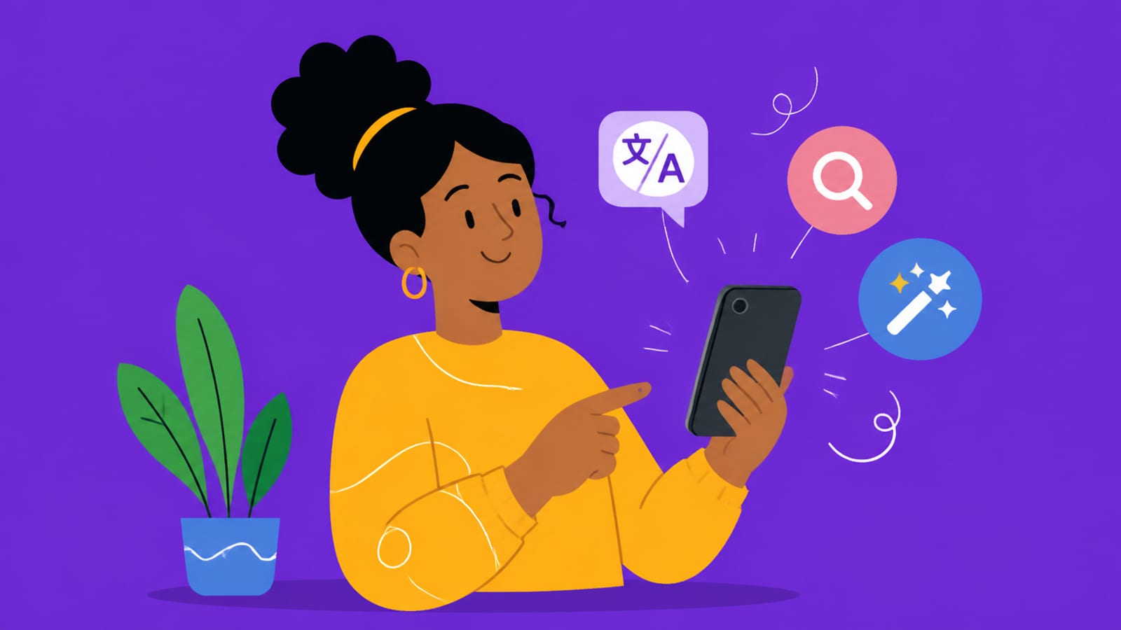 Illustration of a person holding a phone with AI feature icons floating around it