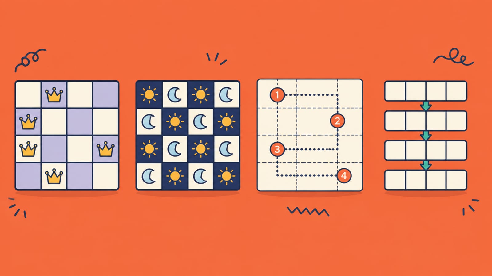 Illustration of four simple puzzle-grid icons in a row: a crown grid, a sun-moon grid, a numbered path and a word ladder