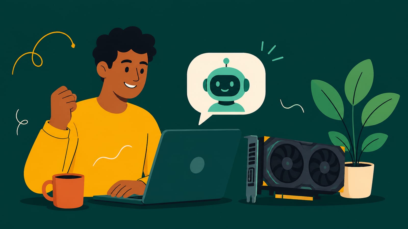 Flat illustration of a person running GLM-4.5-Air on a single large graphics card, on a teal background