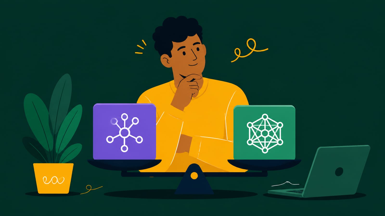 Flat illustration of a person weighing GLM against DeepSeek V4 for local use, on a teal background