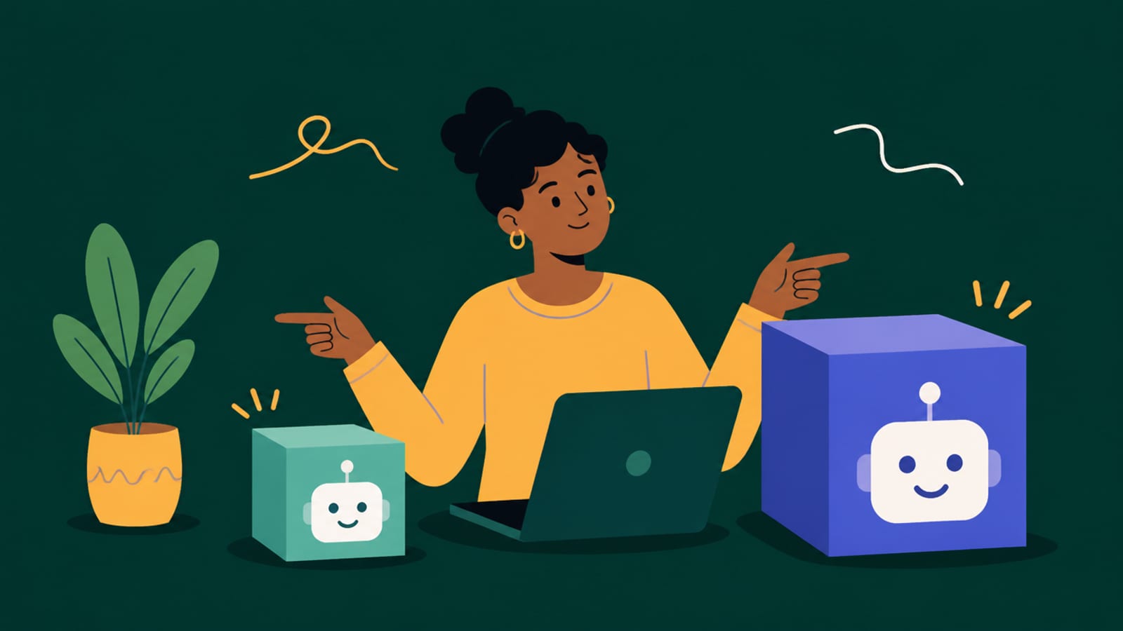 Flat illustration of a person comparing GLM and Qwen3 models for local use, on a teal background