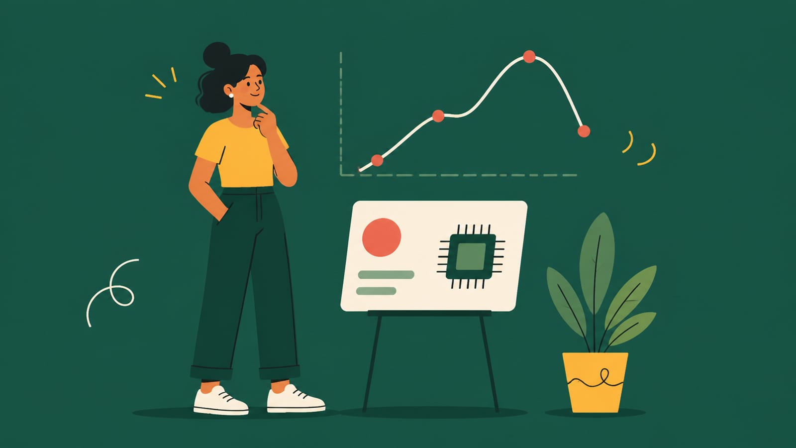 Flat illustration of a person beside a graphics card and a rising-then-dipping price curve, on a teal background