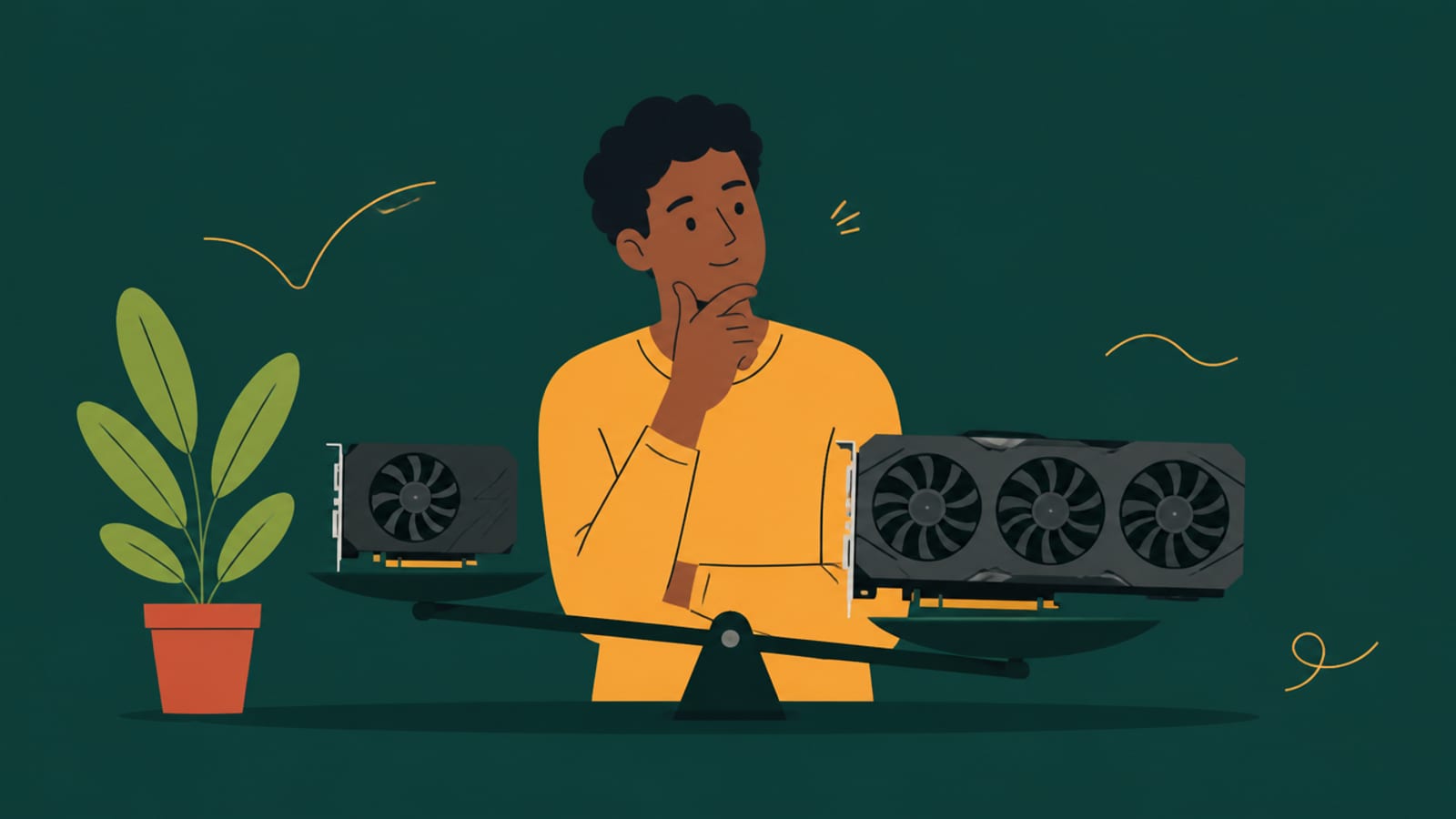 Flat illustration of a person weighing two GPU options on a balance scale, on a teal background