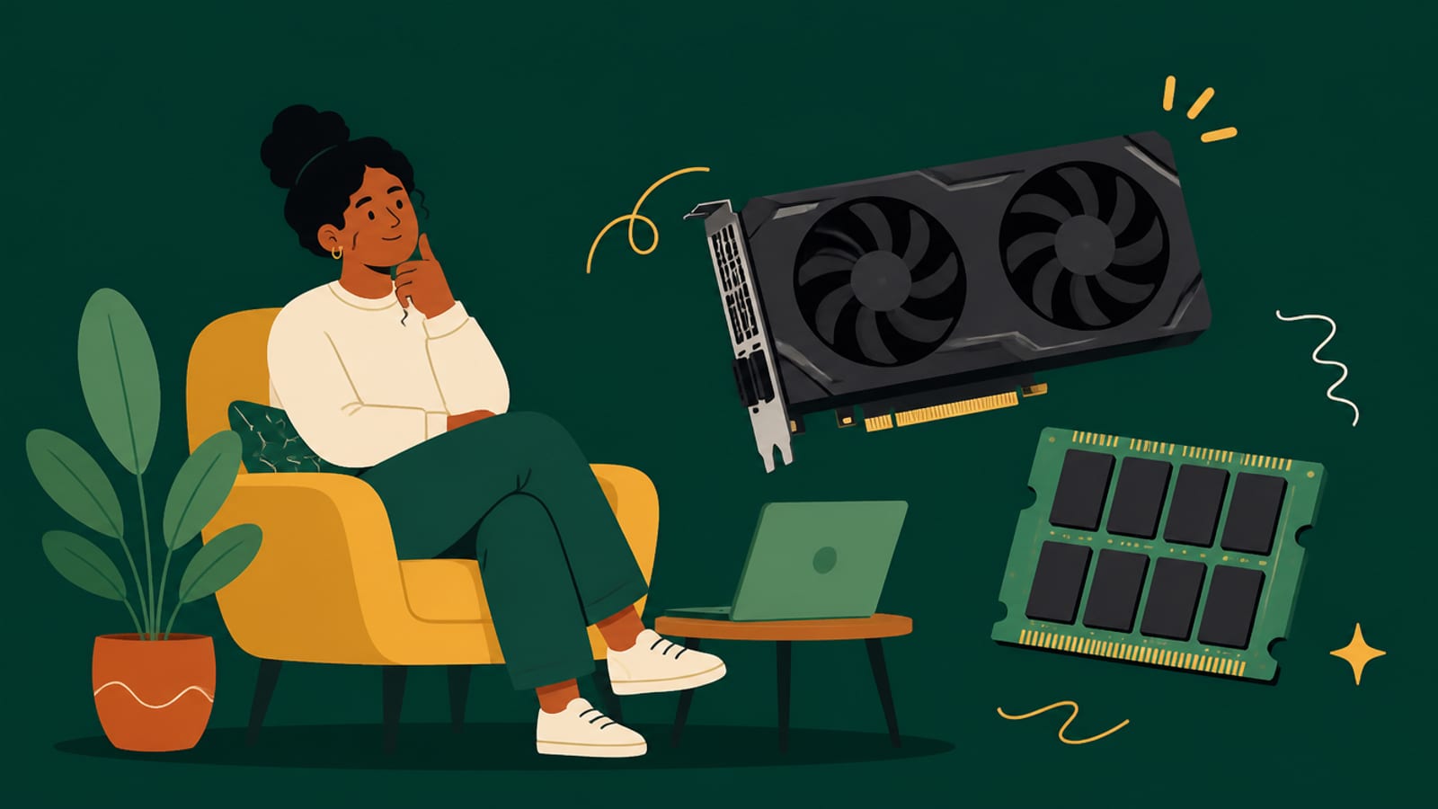 Flat illustration of a person considering a large high-memory graphics card and a memory module, on a teal background