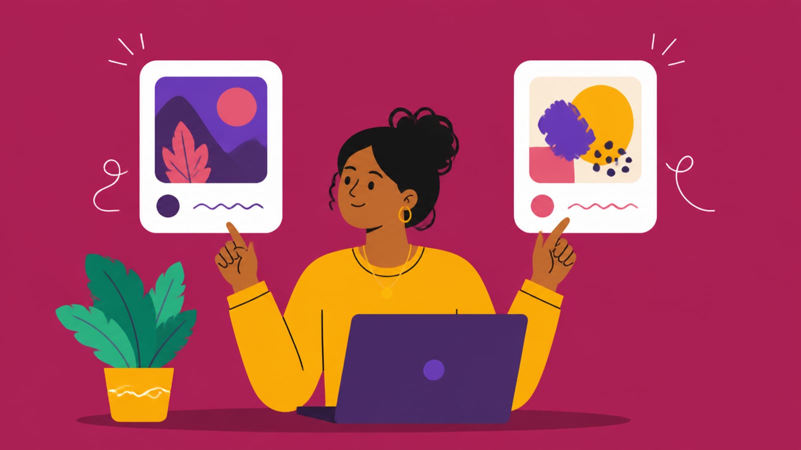 Flat illustration of a person comparing two AI creative tools side by side, on a magenta background