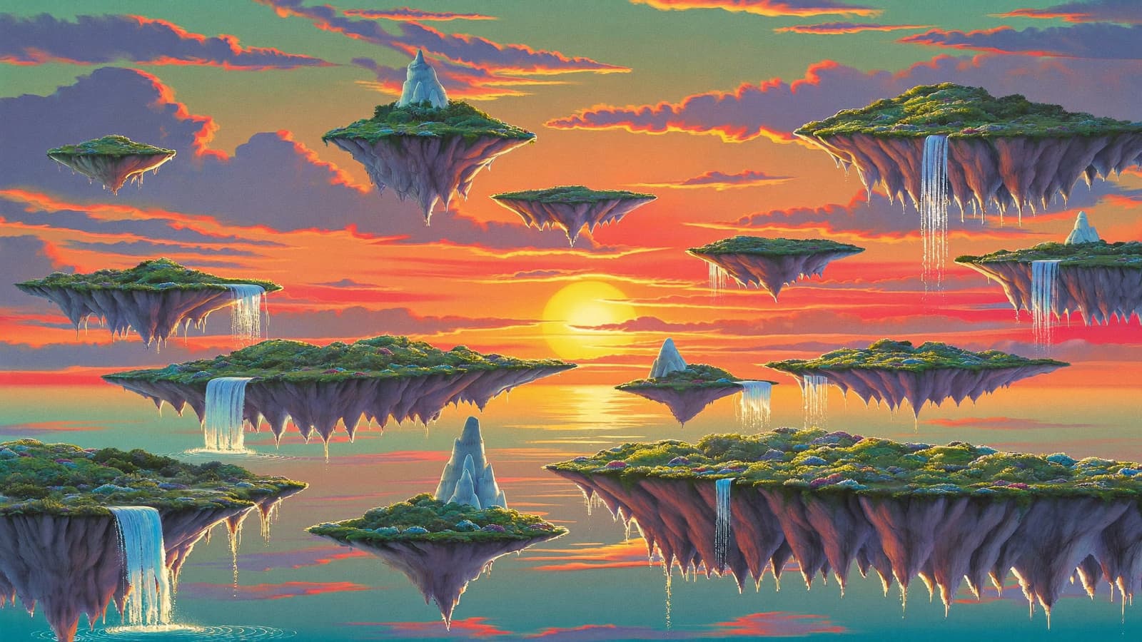 A painterly fantasy landscape of floating islands, generated with Higgsfield