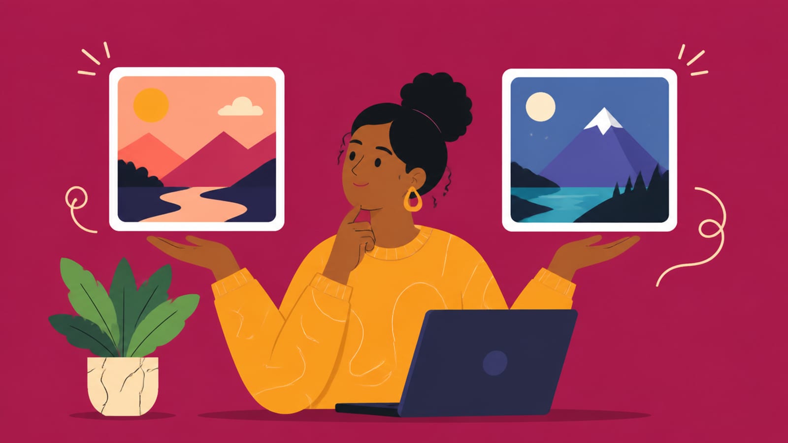 Flat illustration of a person comparing two AI image tools, on a magenta background