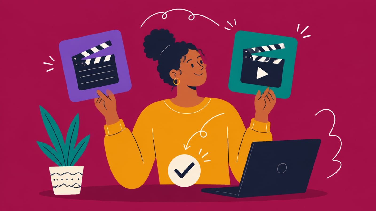 Flat illustration of a person comparing two AI video tools with a film clapperboard, on a magenta background
