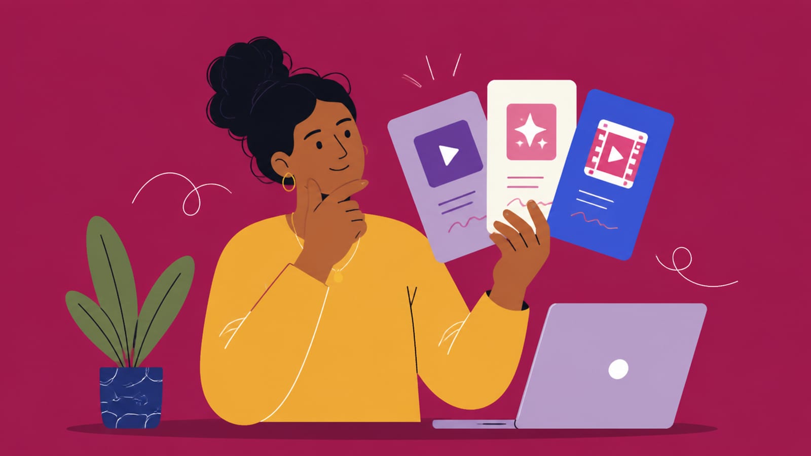 Flat illustration of a person choosing among three premium AI video tools, on a magenta background