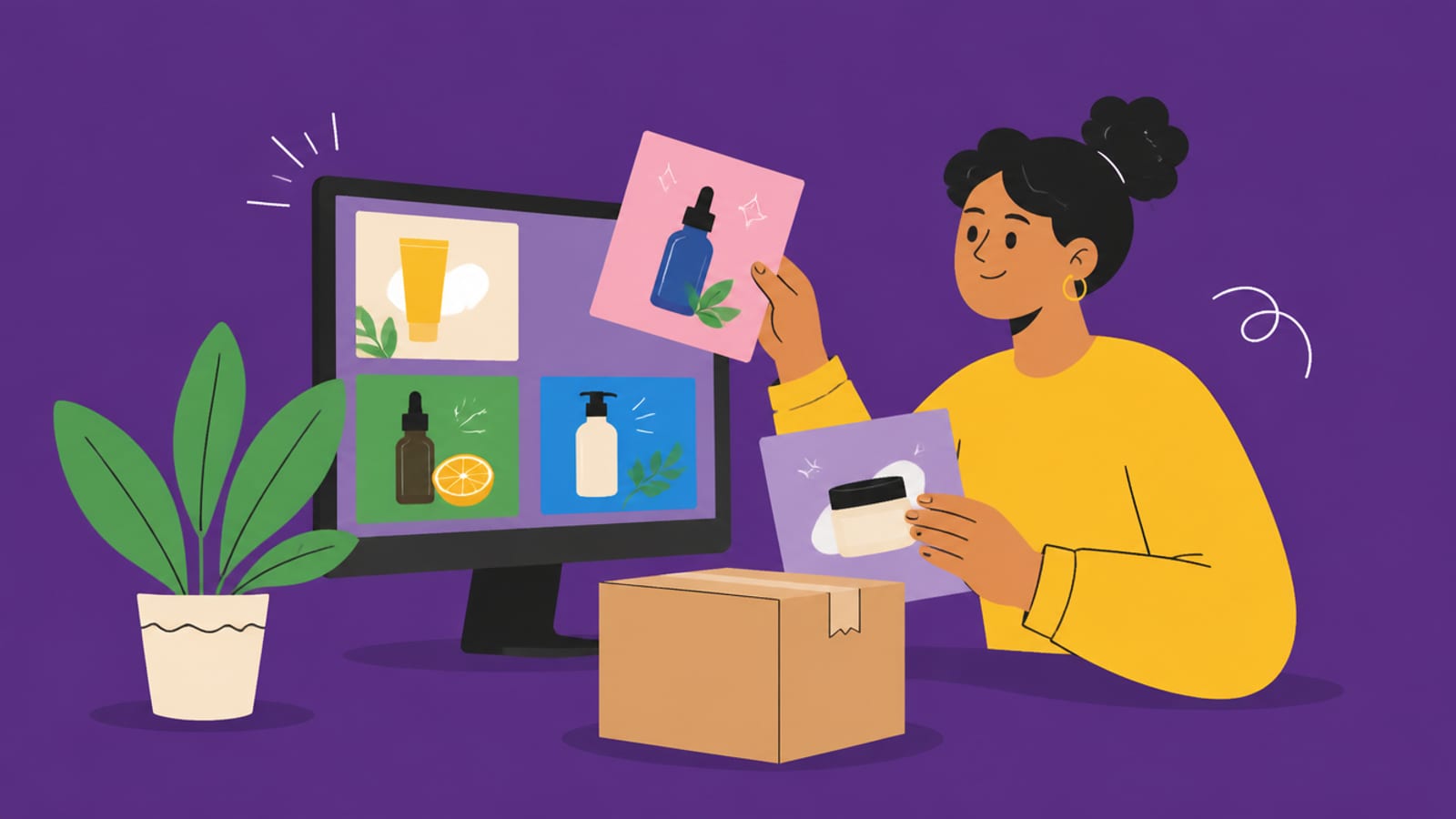 Flat illustration of a person arranging product-ad tiles around a product box, on a violet background