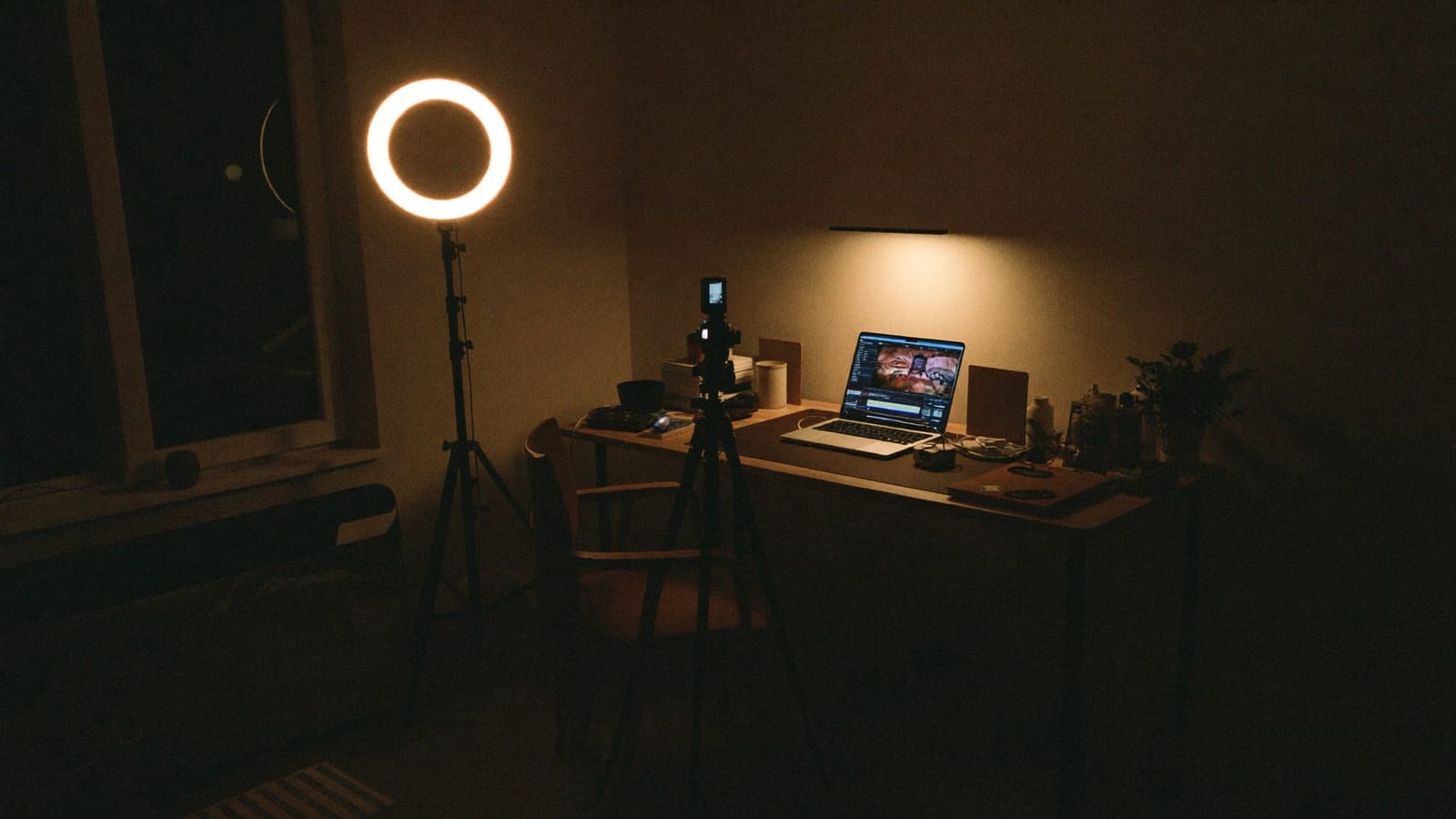 A small home content-creation setup at night with a ring light and camera on a tripod facing an empty desk chair