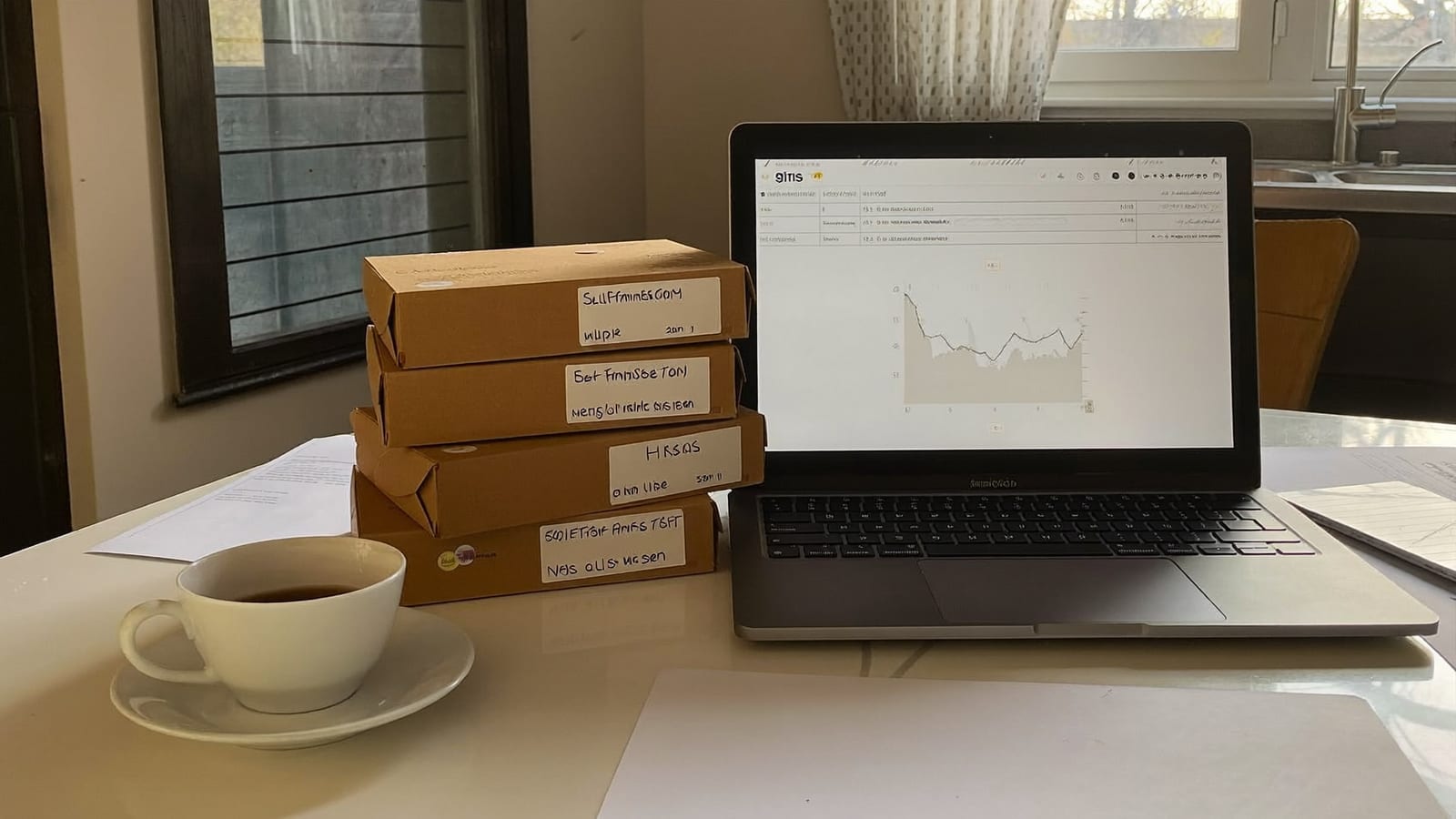A stack of shipping packages and an open laptop on a kitchen table, representing a small home-based online shop