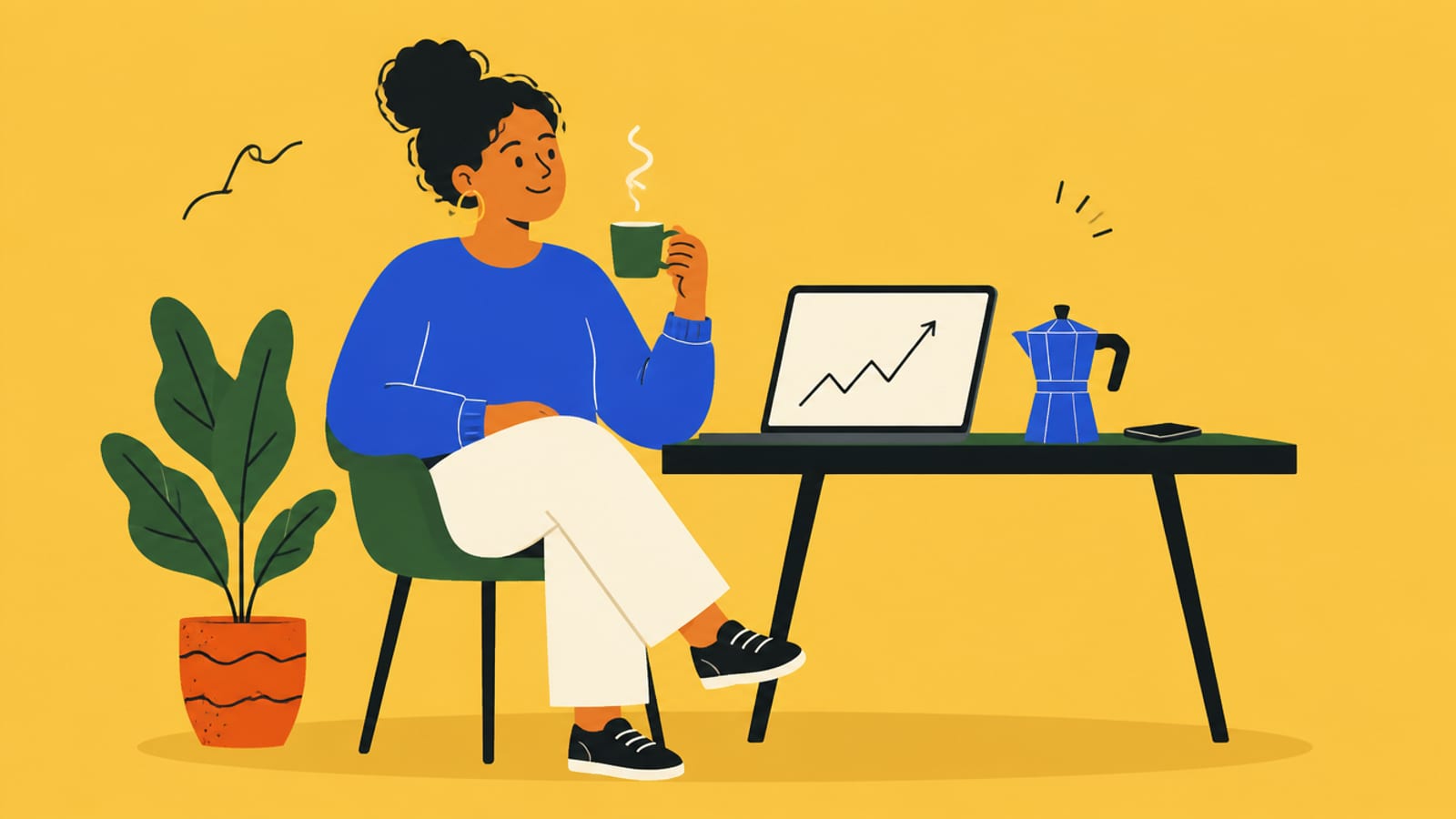 Flat illustration of a person at a laptop showing a rising graph, coffee and a moka pot, on a mustard background