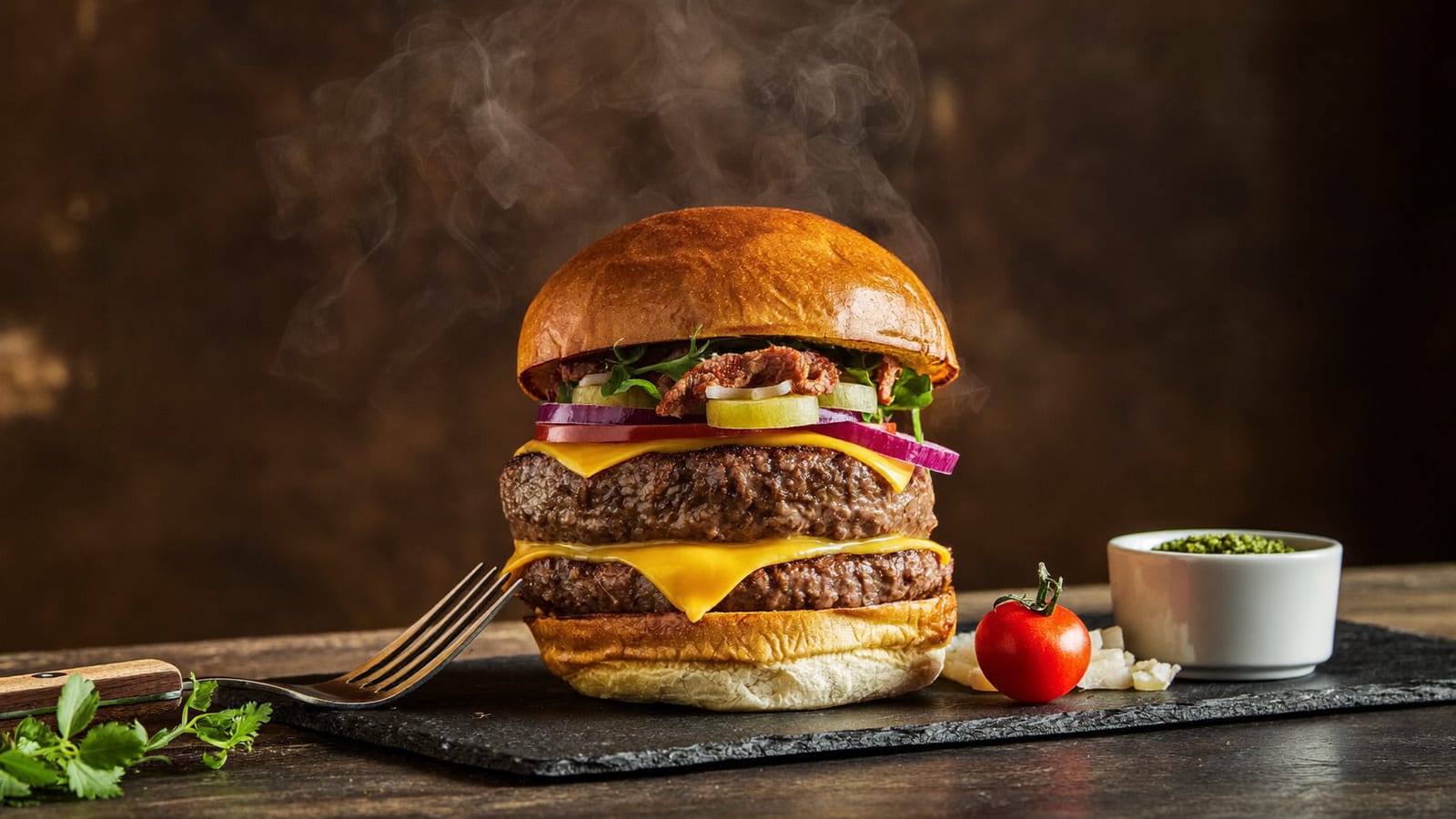 Gourmet burger stacked high under warm dramatic restaurant lighting