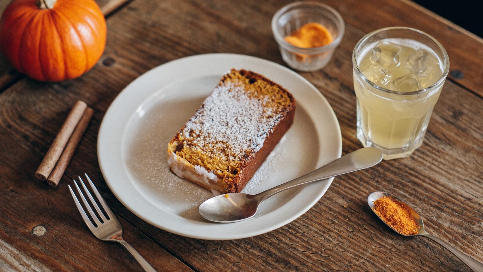 Autumn seasonal dessert spread on a rustic café table with warm spiced tones