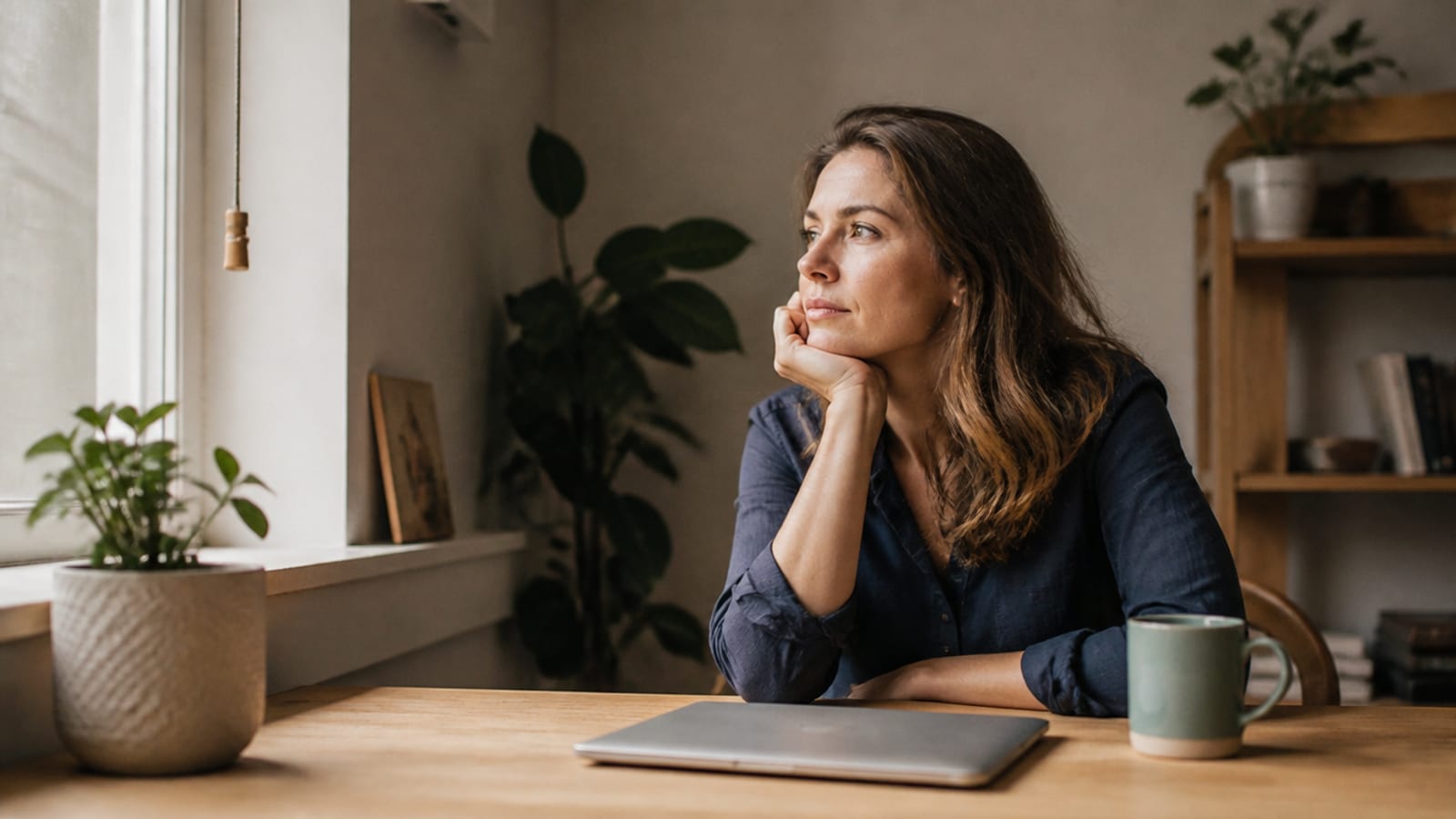 A person sitting thoughtfully at a desk with a closed laptop and a coffee mug