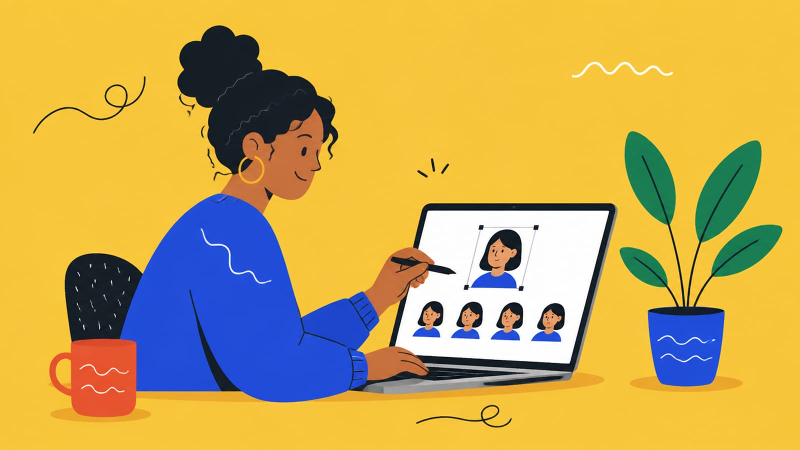 Flat illustration of a person designing a consistent digital character on a laptop, on a mustard background