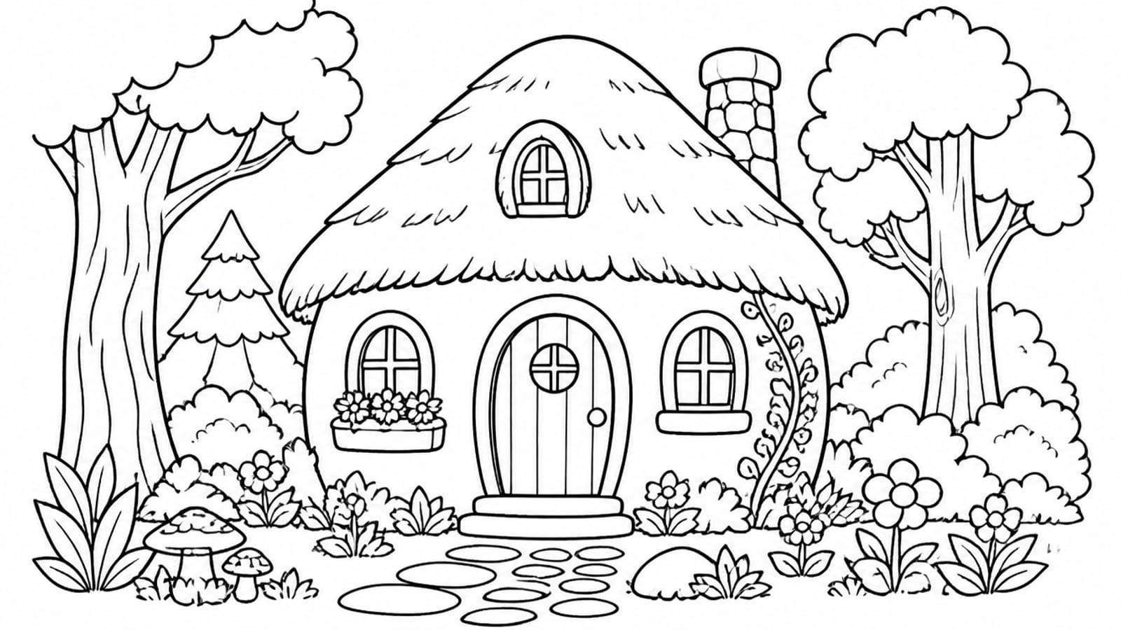 Black-and-white line-art coloring page of a cozy cottage in the woods