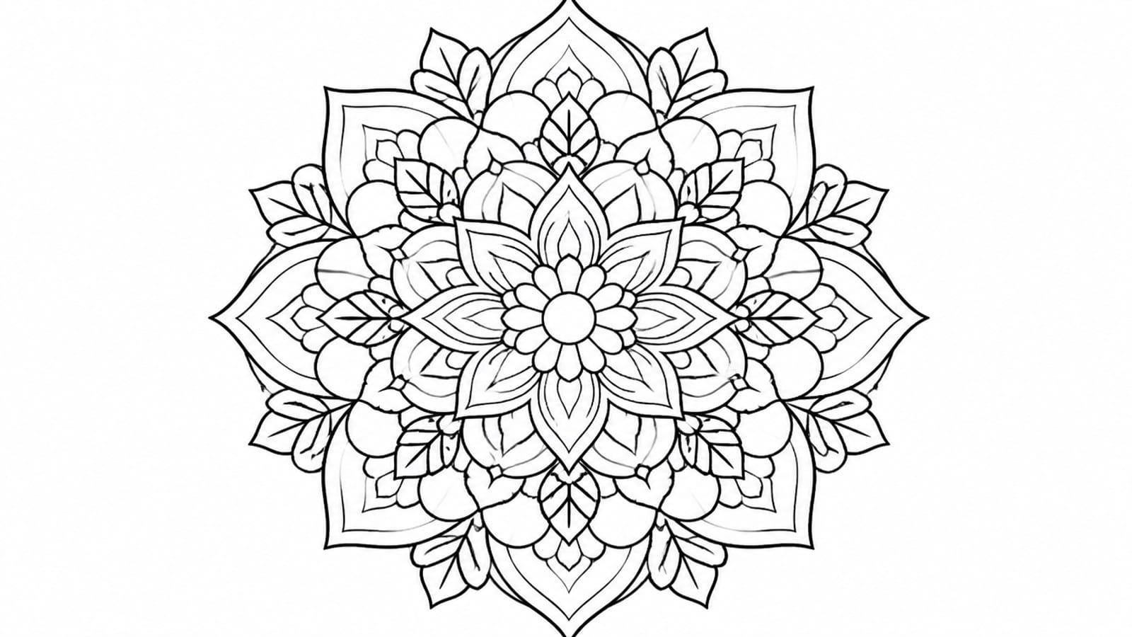 Black-and-white line-art coloring page of an intricate floral mandala