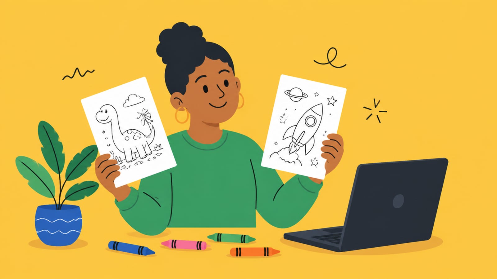 Flat illustration of a person holding line-art colouring pages with crayons, on a mustard background