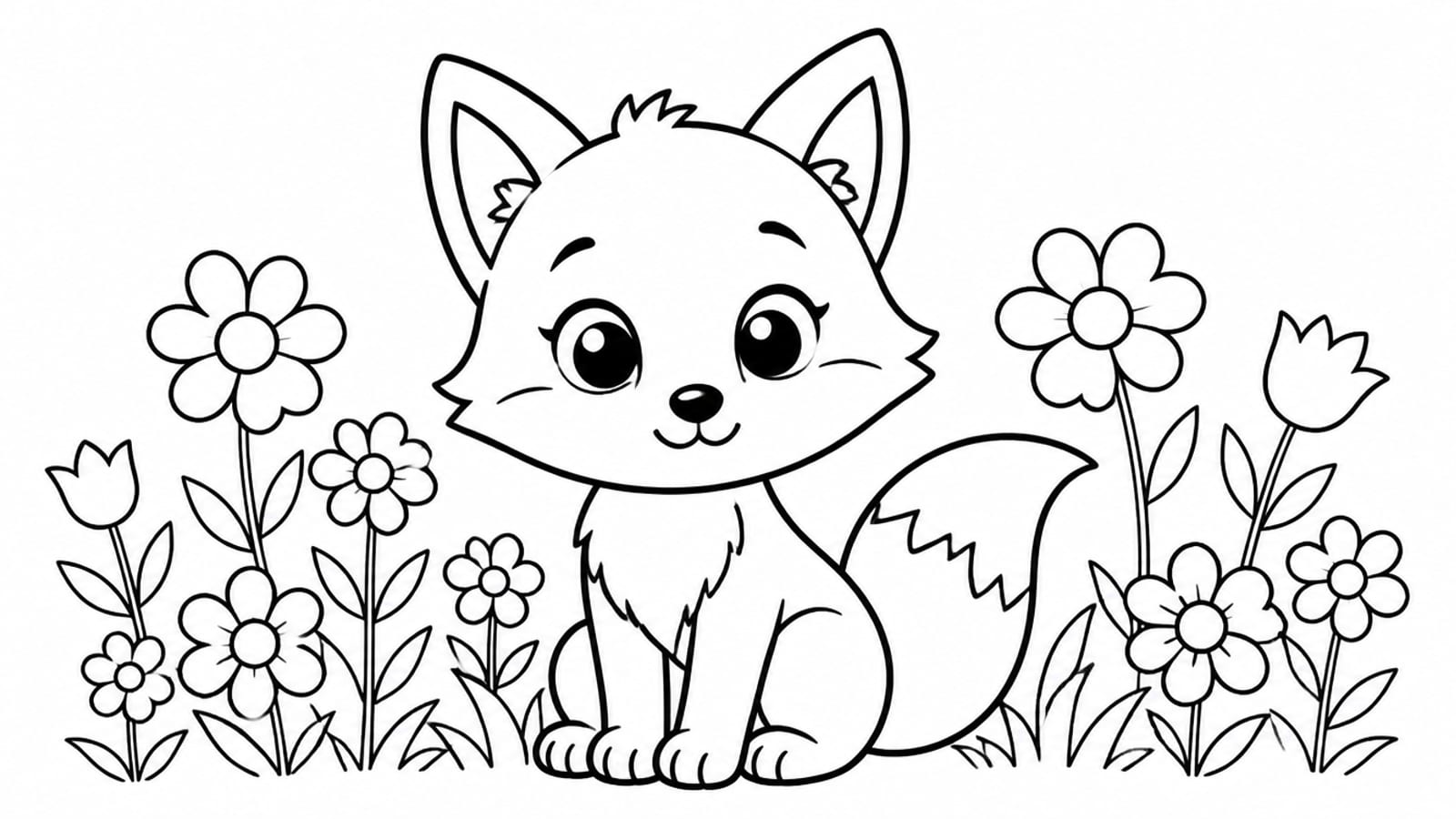 A cute cartoon fox among flowers as a printable black-and-white colouring page