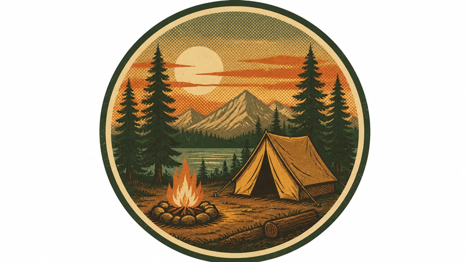 Retro vintage-badge style illustration of a camping scene for a mug or poster design