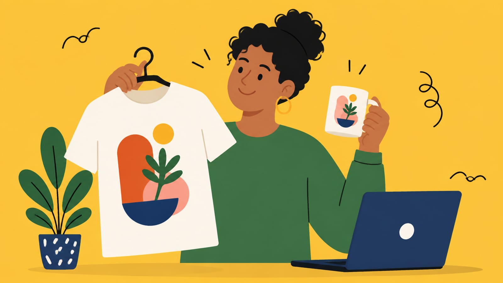 Flat illustration of a person holding a printed t-shirt and mug design, on a mustard background